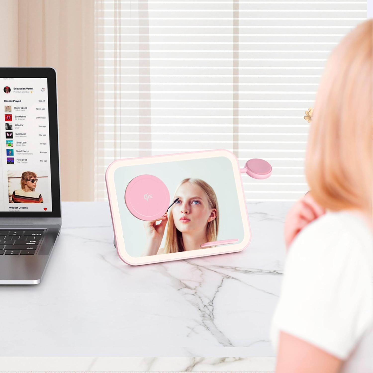 Laser Mirror Wireless Charger 3 in 1 Qi2 Certified &ndash; Makeup Mirror with LED Light, Fast Wireless Charging Stand for Phone, Earbuds, Apple Watch &ndash; Foldable, Magnetic, USB-C Powered (Pink) image number 4