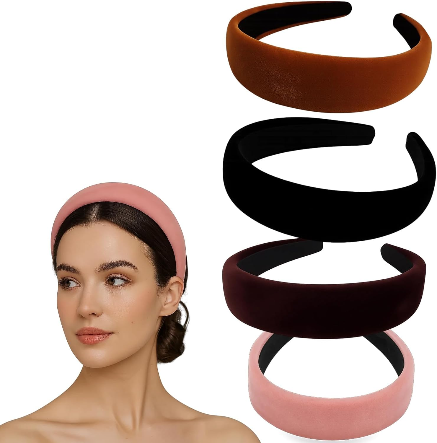 Pack of 4 Wide Velvet Headbands, Wide Velvet Headbands, Band Headbands, Hard Headbands, Non-Slip Hard Headbands for Women and Girls image number 6