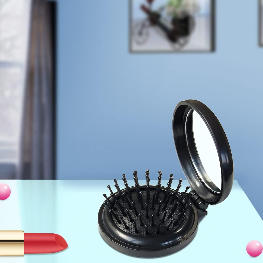 Folding Hair Brush with Mirror for Purse/Pocket,Round Mini Compact Massage Comb for Girls and Women (Black+White) - Pink+White image number 6