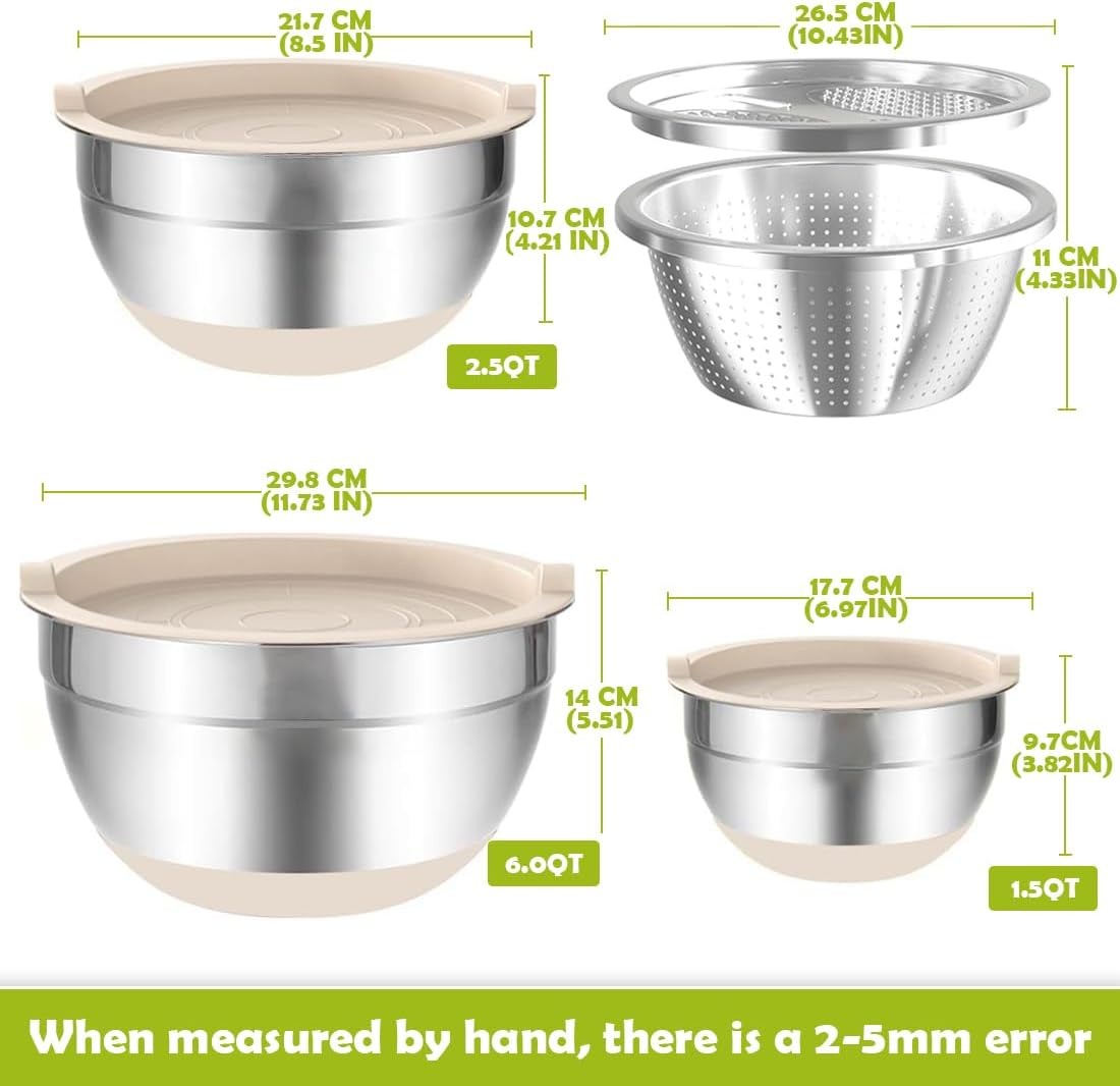 Stainless Steel Mixing Bowl Set with Airtight Lids, Non-Slip Base & Multi-Functional Colander, 3 Sizes (1.5, 2.5, 6 QT) for Baking, Cooking & Food Storage, Includes Grater Attachments image number 2
