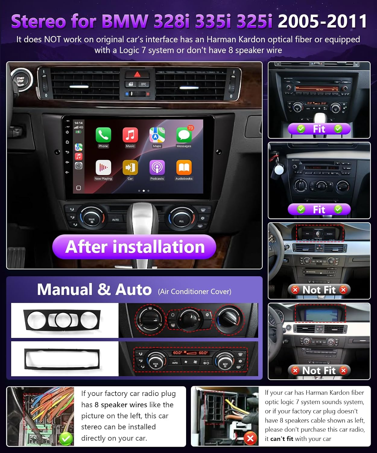 Car Stereo for BMW 328I 335I 325I E90 E91 E92 E93 2005-2011 Radio Wireless Carplay Android Auto, 9" IPS Touch Screen for BMW 328I Stereo BT/FM RDS Dsp/Gps/Wifi/Swc/Ahd Camera + CANBUS(4+64GB) image number 1