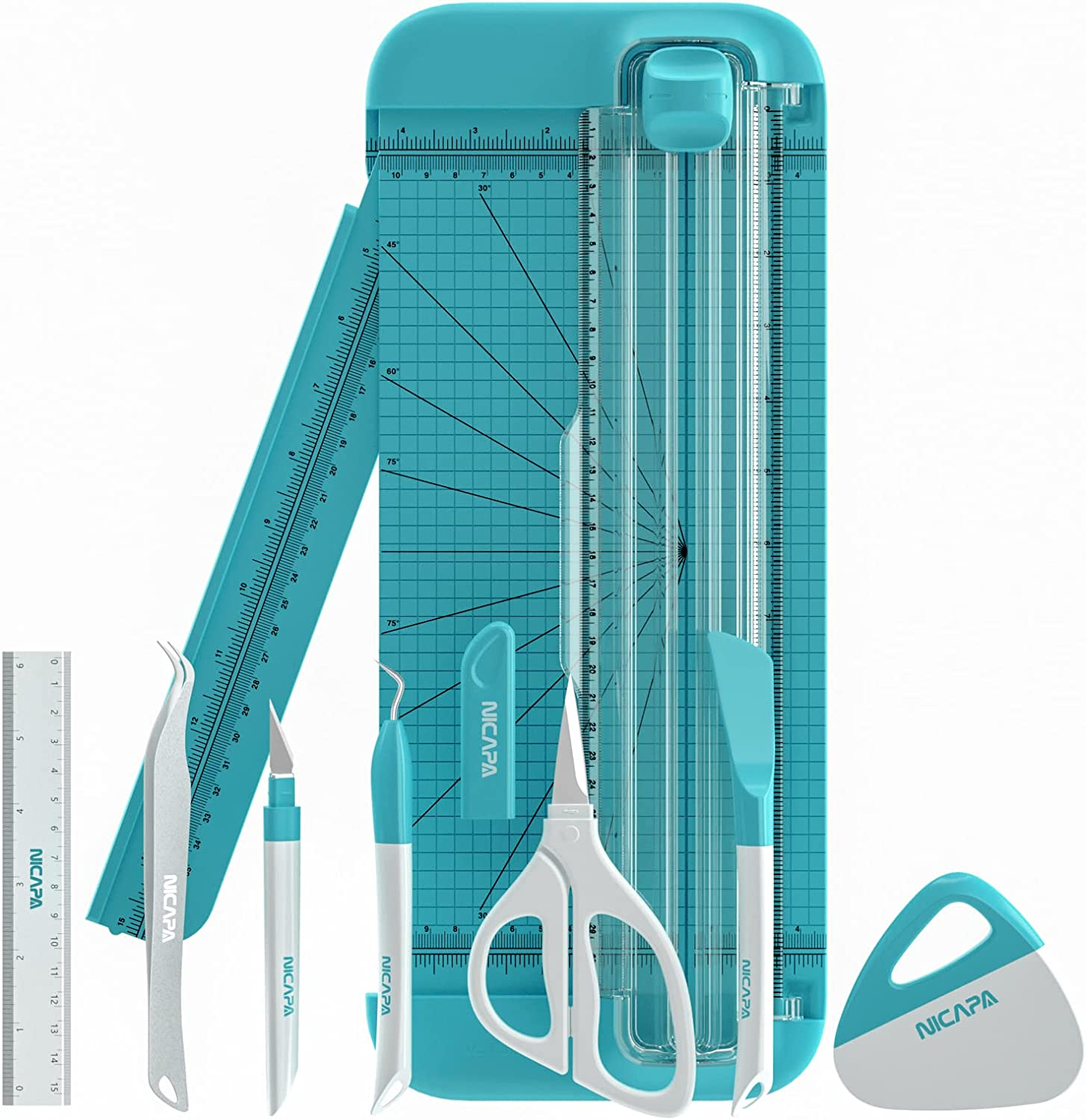 NICAPA Paper Trimmer A4 Paper Cutter Weeding Tool Set for Vinyl , Basic Weeding Tool Kit Craft Knife/Weeder/Scraper/Spatula/Tweezers/Scissors A4 Craft Paper Trimmer Tool Set for Vinyl, Paper, Photo , Coupon, Lable and Cardstock-Blue