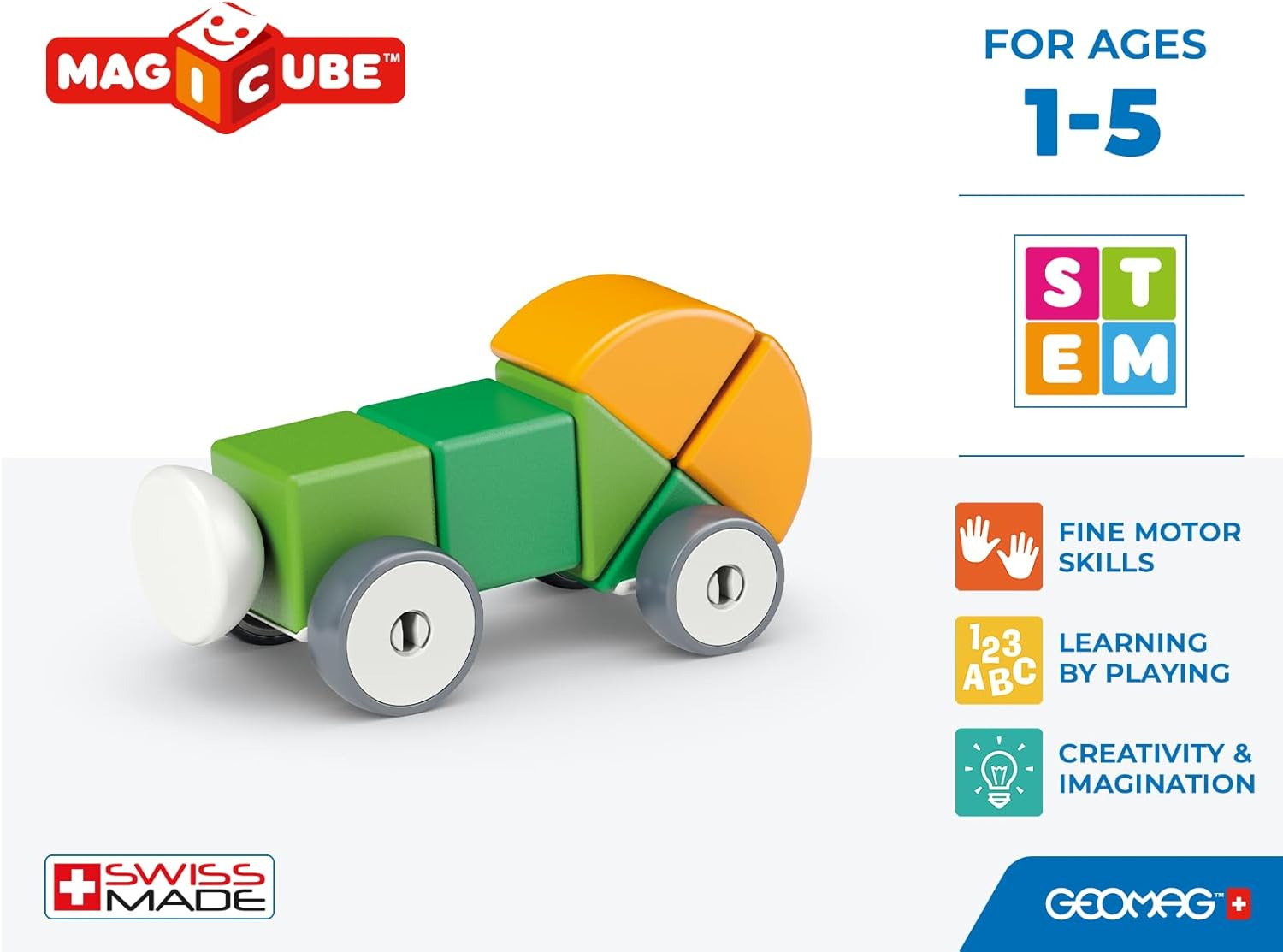 Geomag - Magicube 1+ Shapes Wheels - Magnetic Blocks for Kids - 4 Colours and Shapes - 13 Pieces image number 1