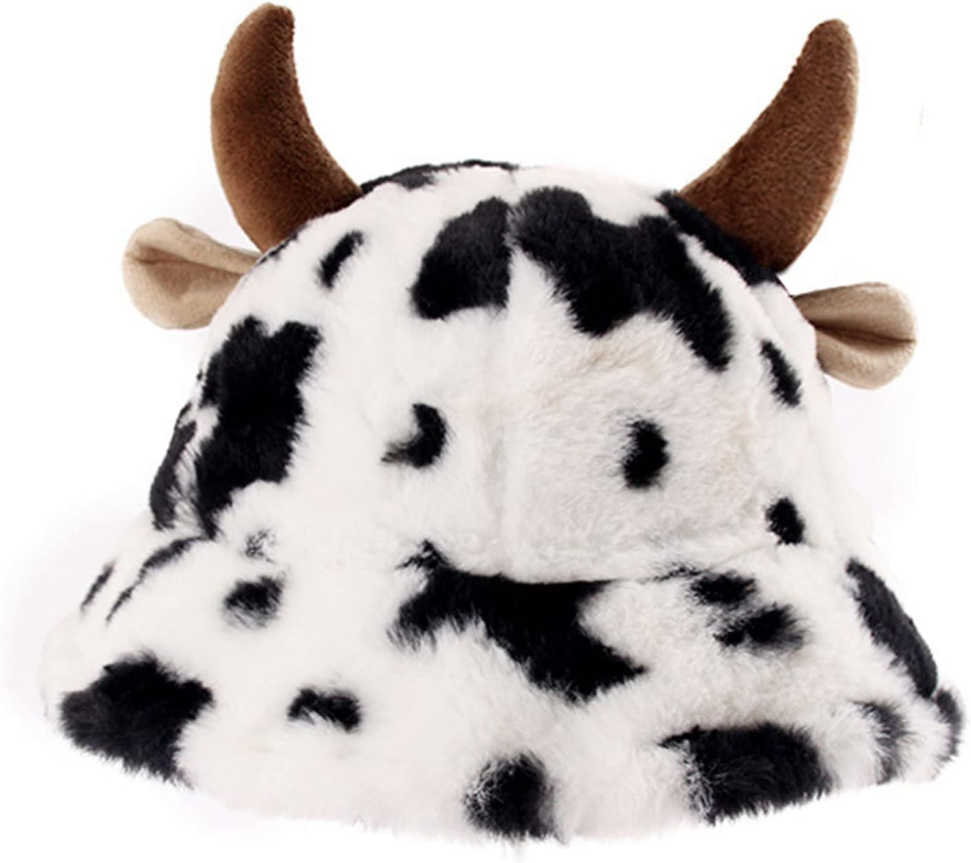 Unisex Fluffy Cow Bucket Hat with Horns Plush Bucket Hat for Women, Teens Winter Funny Fisherman'S Hat
