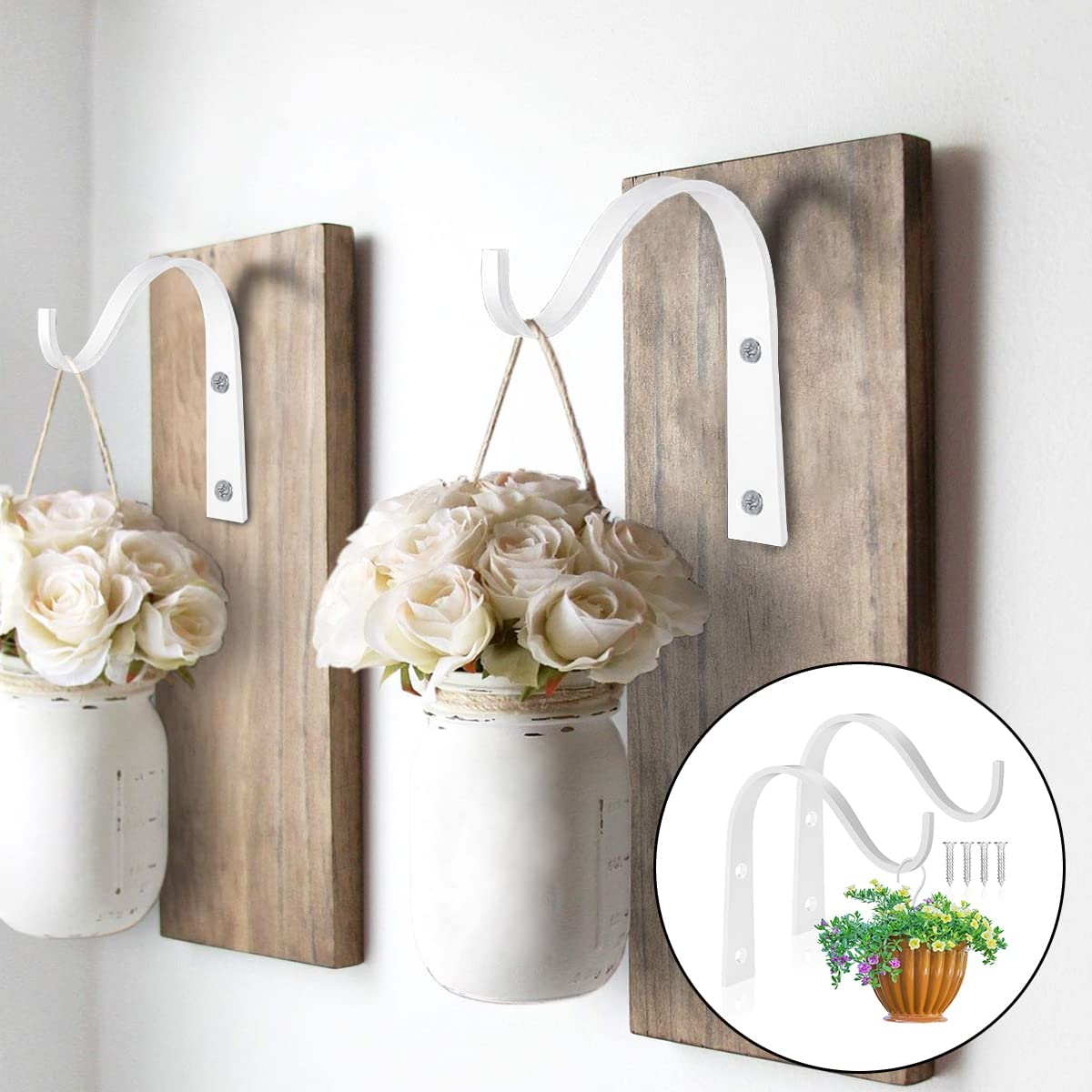 Iron Wall Hooks, 2 PCS Heavy Duty Metal Plant Hanging Basket Bracket for Hanging Lantern, Bird Feeders, Wind Chimes (White) image number 6