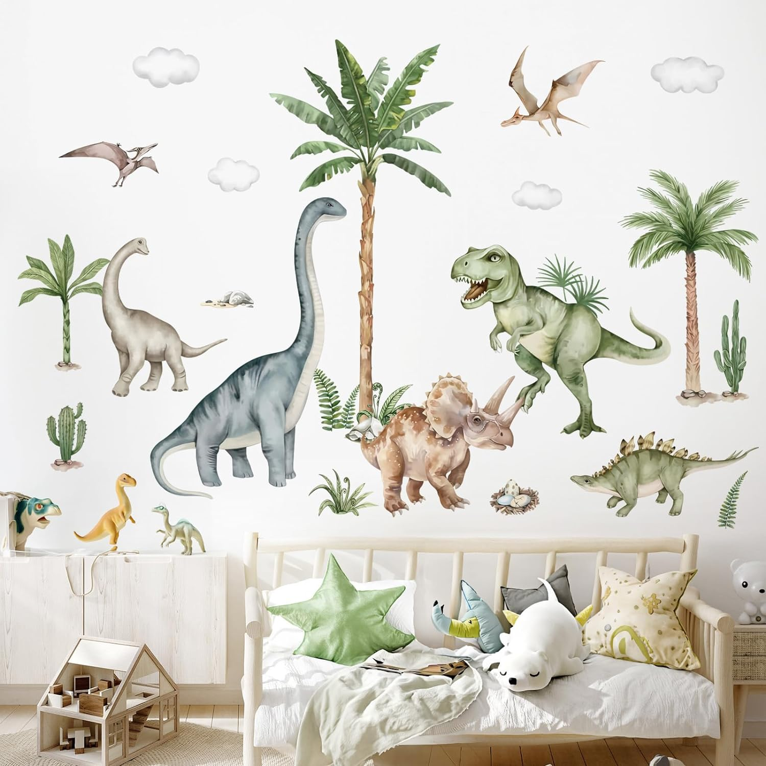 Wondever Large Dinosaur Wall Stickers Tropical Animal Dino Palm Tree Plants Wall Art Decals for Boys Room Baby Nursery Kids Bedroom (164 * 83Cm) image number 1