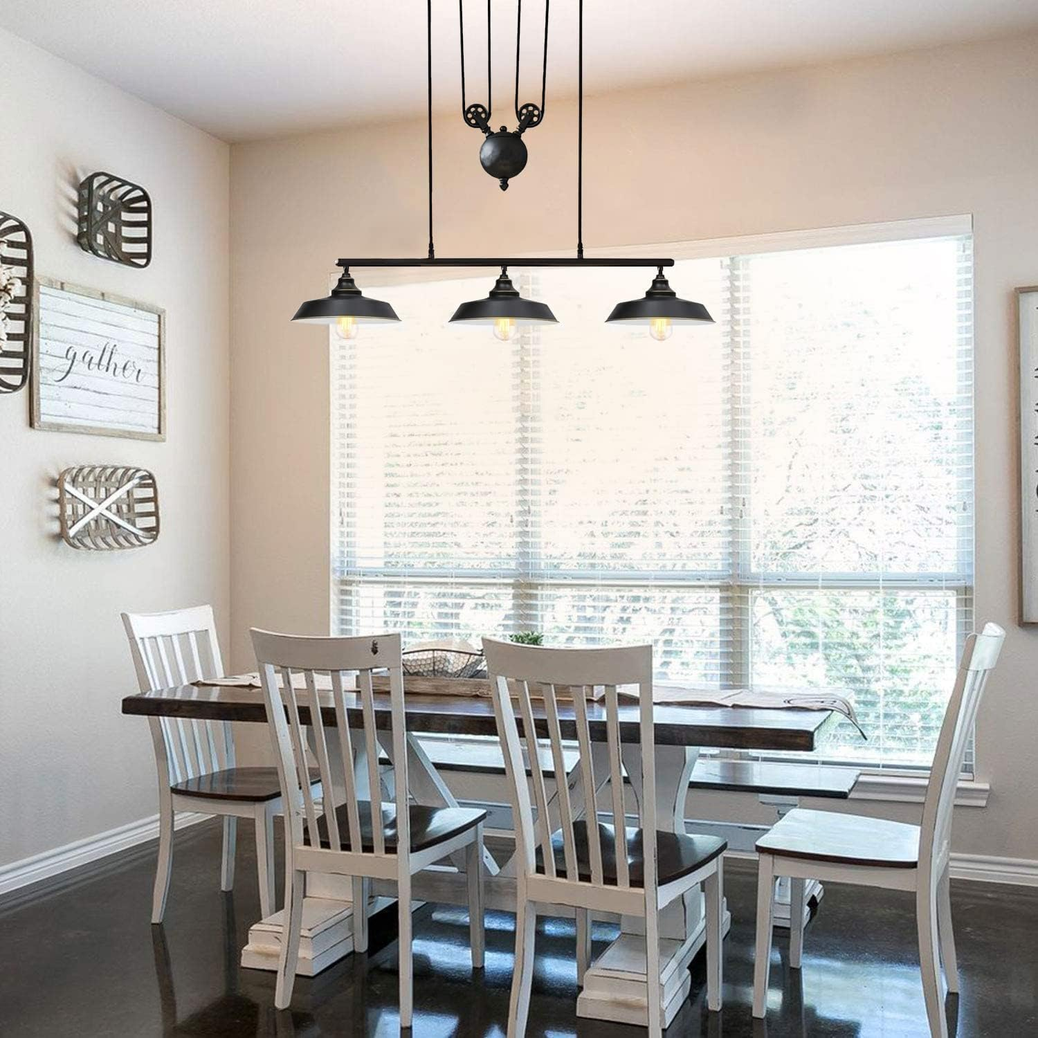 Ganeed 3-Light Upgraded Pulley Pendant Light,Rustic Kitchen Island Lights with Metal Shades,Adjustable Hanging Height,Industrial Vintage Ceiling Lights Fixture for Dinner Room Farmhouse Bar image number 1