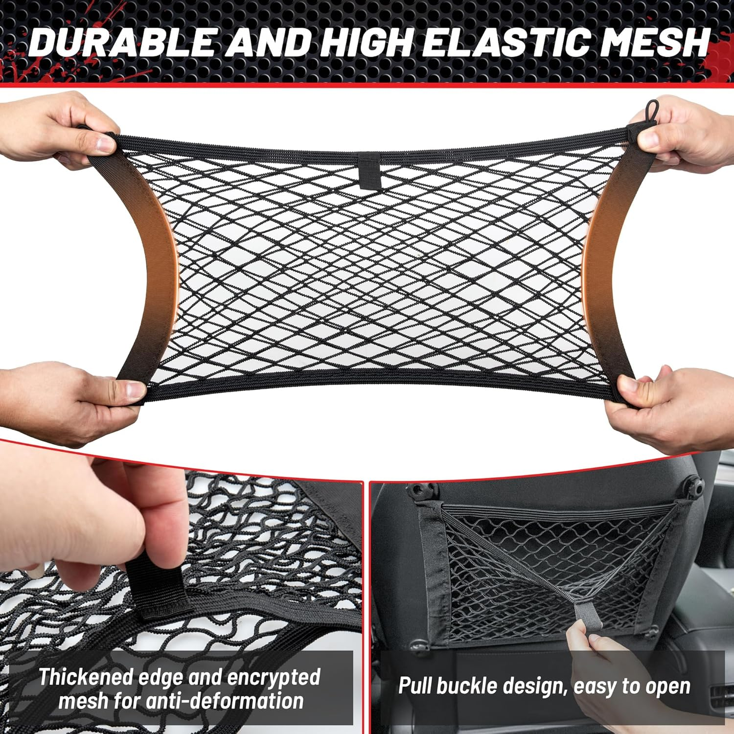 RED Wolf 2 Layer Small Mesh Cargo Net Elastic Storage Netting 2 Pcs Stretchable Car Organizer Net 14&times;10 Inch for Trunk RV Boats Home Auto Cargo Net Pocket with Screws and Hooks image number 2