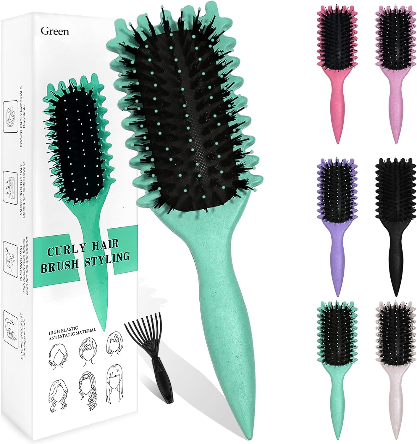Curly Hair Brush, Curl Defining Brush, Shaping Curls Boar Bristle Styling Hairbrushes for Women and Men (Green)