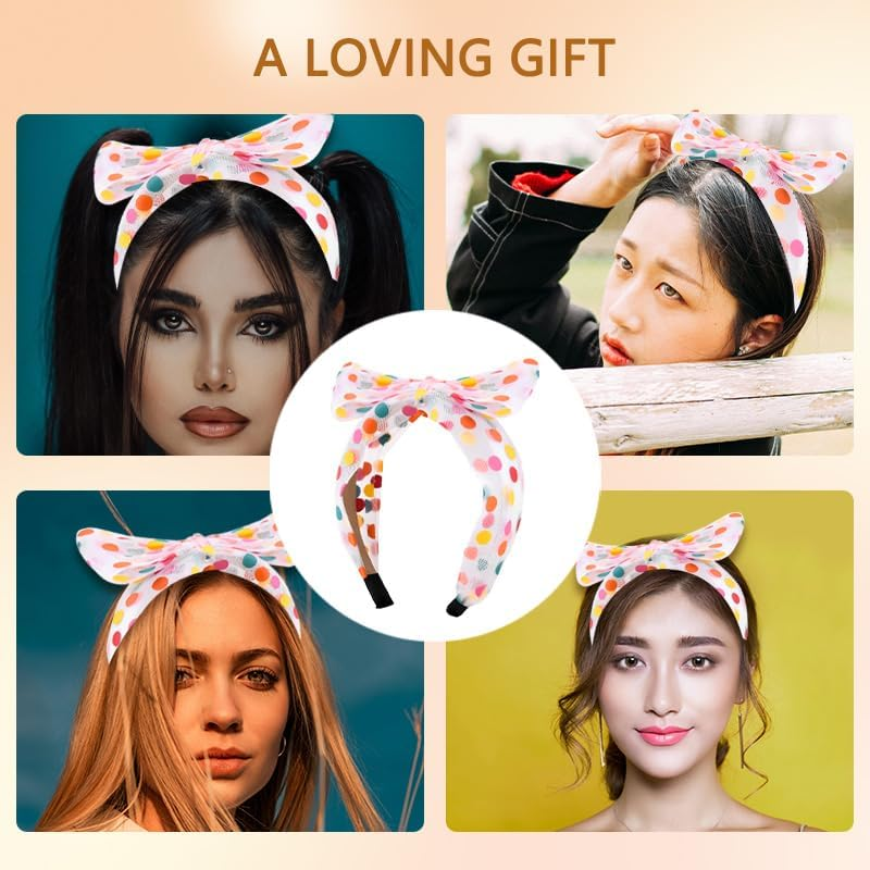 Rainbow Polka Dot Headband for Women Big White Knotted Bow Headbands with Polka Dots Headwrap Headwear Cute Hair Accessories for Girls Nonslip Wide Hairbands image number 5