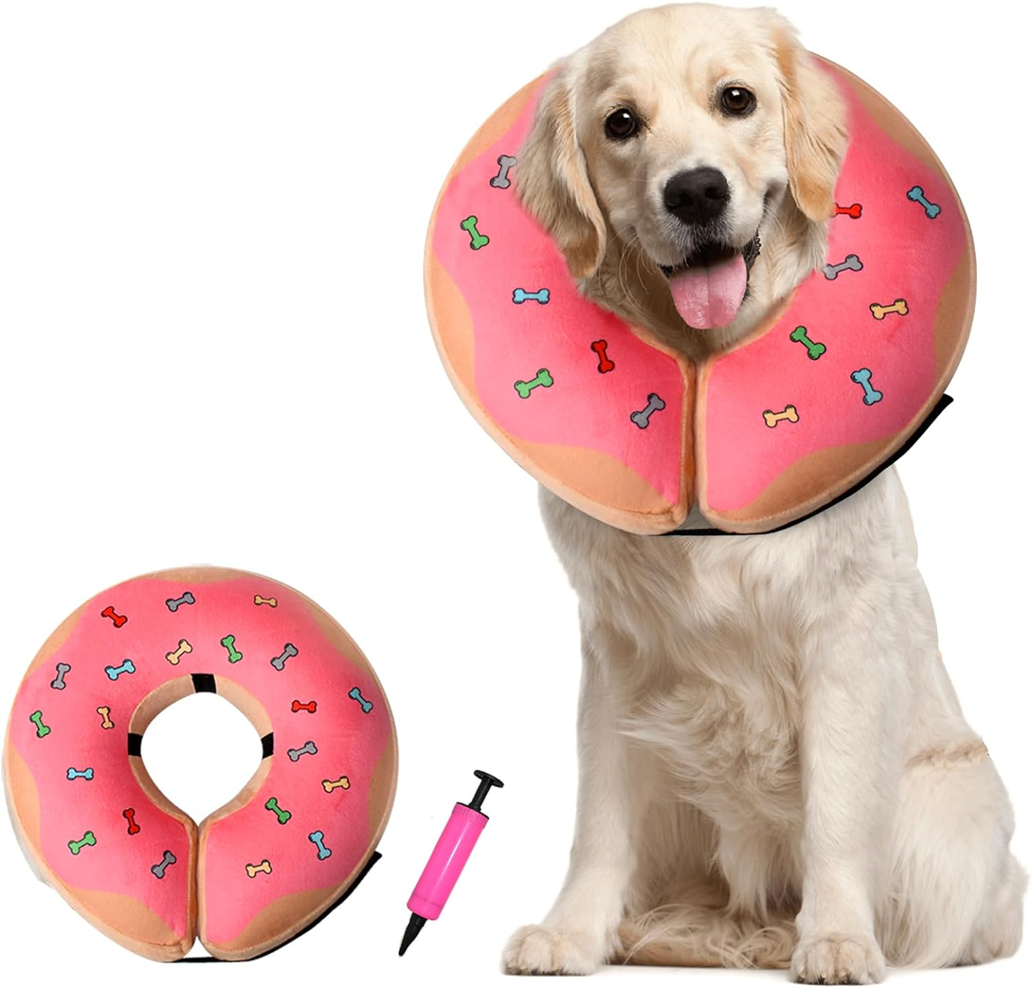 Inflatable Recovery Dog Cone, Protection Dount Collar for Small Medium Large Dogs, Adjustable Soft E-Collar for Dogs and Cats after Surgery, Cute Dog Bone Pattern (Pink, Medium-Plus) image number 1