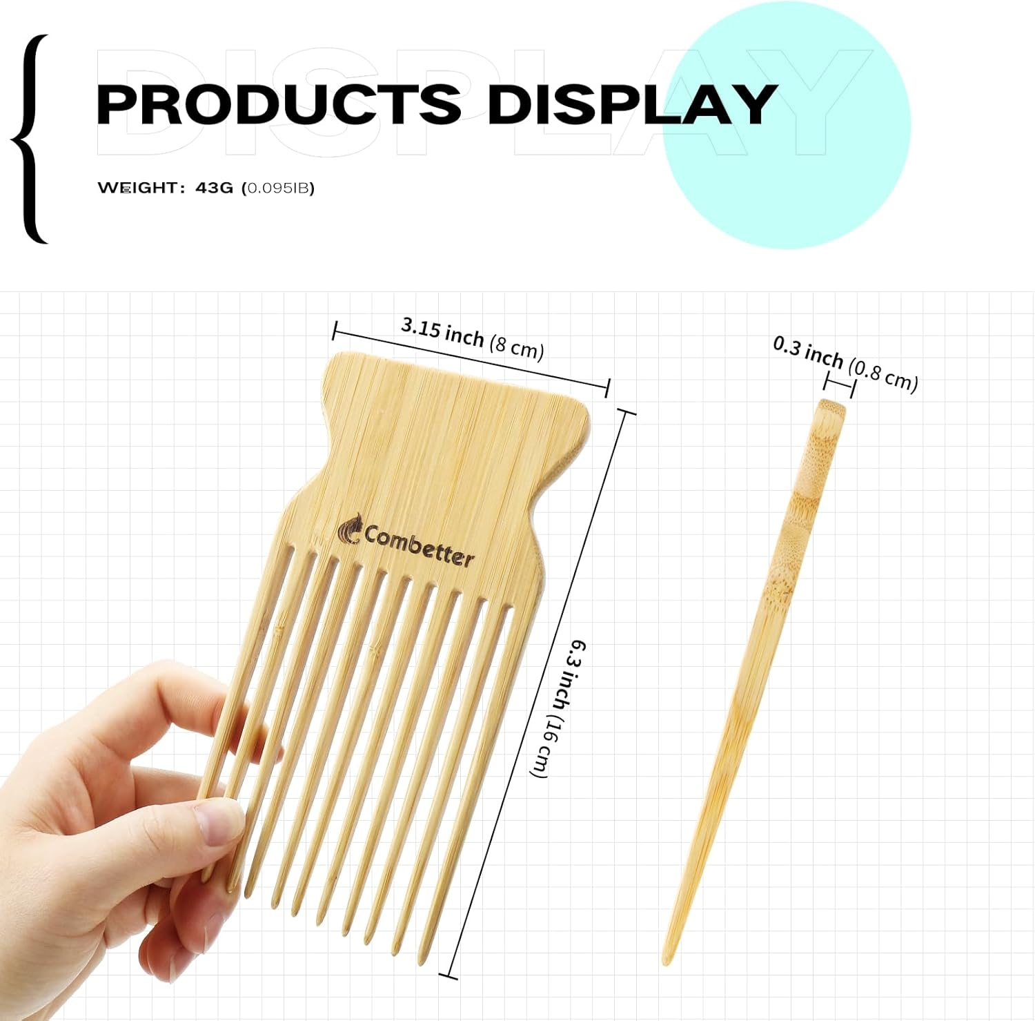 Bamboo Hair Pick by Combetter, Enhance Curl Definition & Volume All Curly Hair, Eco-Friendly Afro Pick for Detangling & Styling for Men, Women & Kids, Yellow image number 3