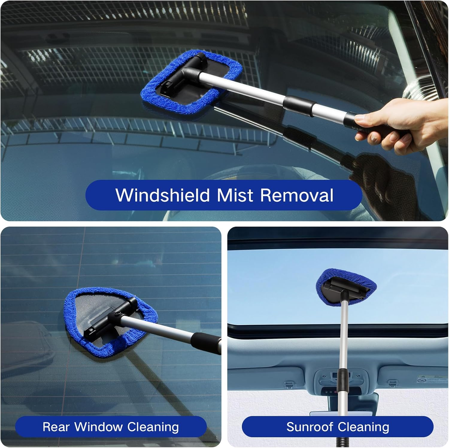 7Pcs Windshield Cleaner Tool Car Window Cleaning Wash Kit with 4 Reusable Microfiber Pads 1 Spray Bottle and Extendable Handle Auto Glass Wiper Kit, Blue - Blue image number 3