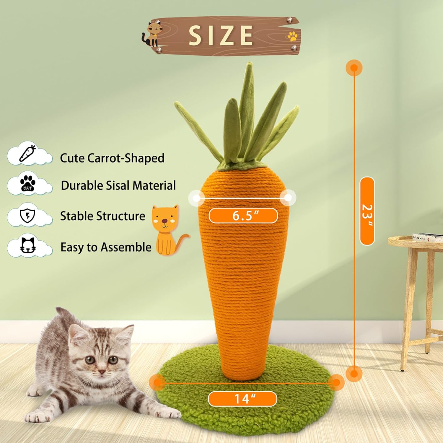AUSCAT Cat Scratching Post, Cute Carrot Scratching Post, Nature Sisal Cat Scratcher for Indoor Cats and Kittens image number 3