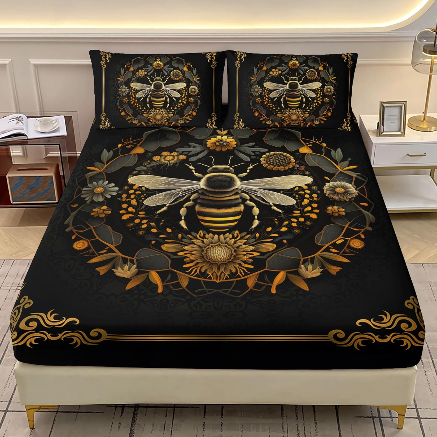 AILONEN Bohemian Bee Fitted Sheet Set Full Size,Black and Gold Luxury Bedding Set for Kids Teens Girls,3-Piece Boho Sunflower Floral Bed Sheet with 2 Pillowcases
