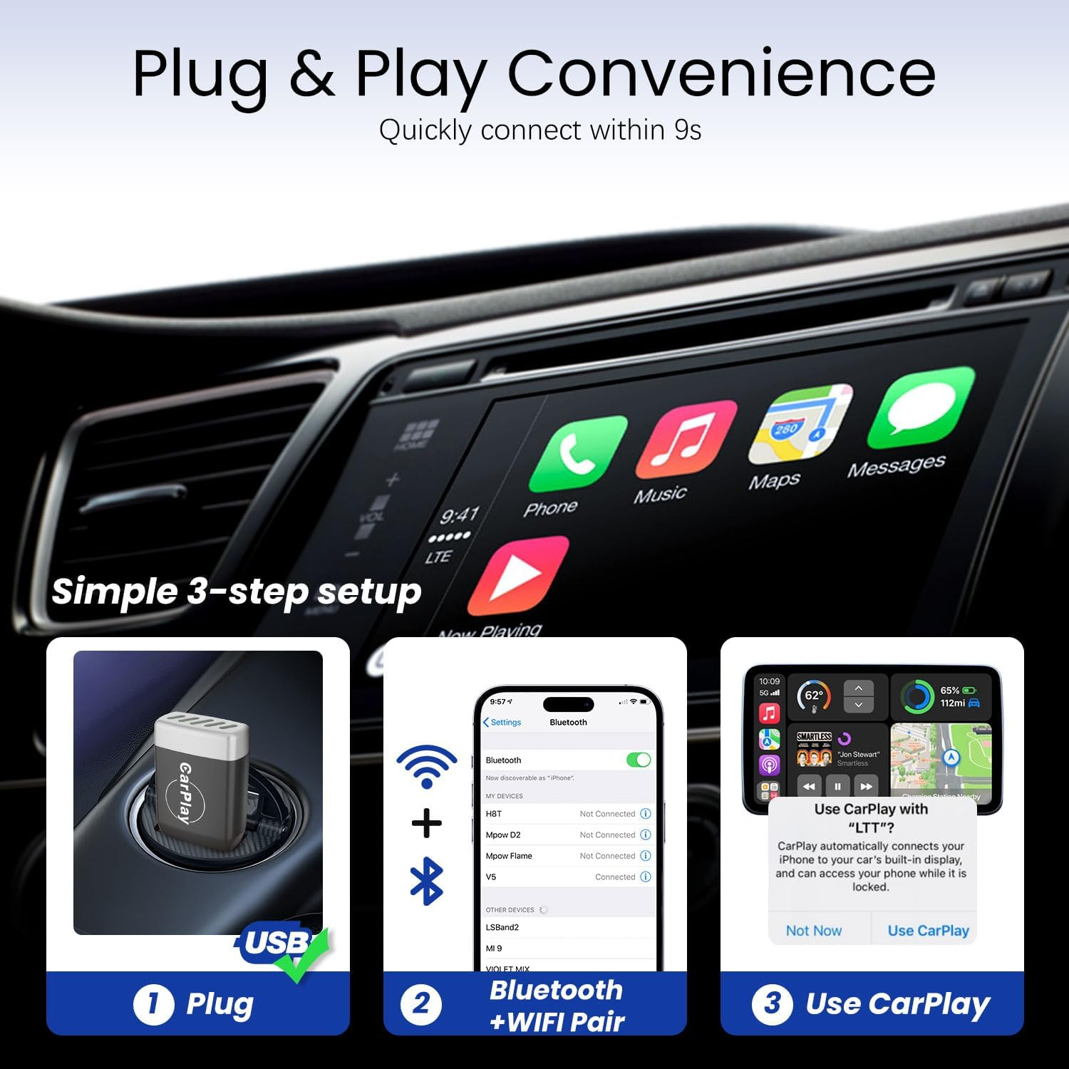 MONODEAL 2-In-1 Wireless Carplay Adapter, 2025 Upgrade Carplay & Android Auto Adapter, Fast & Stable Connection, Compatible with OEM Wired Carplay Cars image number 3