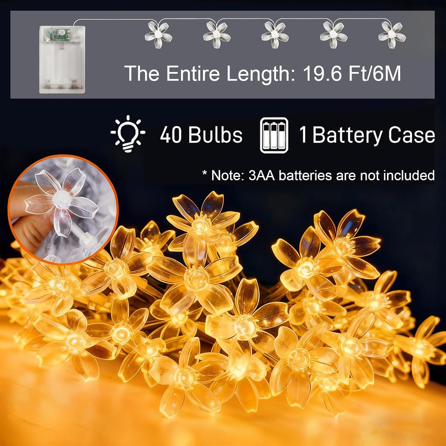 Jeyzuroa 6M 40 LED Battery Operated, Waterproof Indoor Outdoor Fairy Lights, Warm White for Garden, Wedding, Party Decoration(Battery Not Included) image number 5