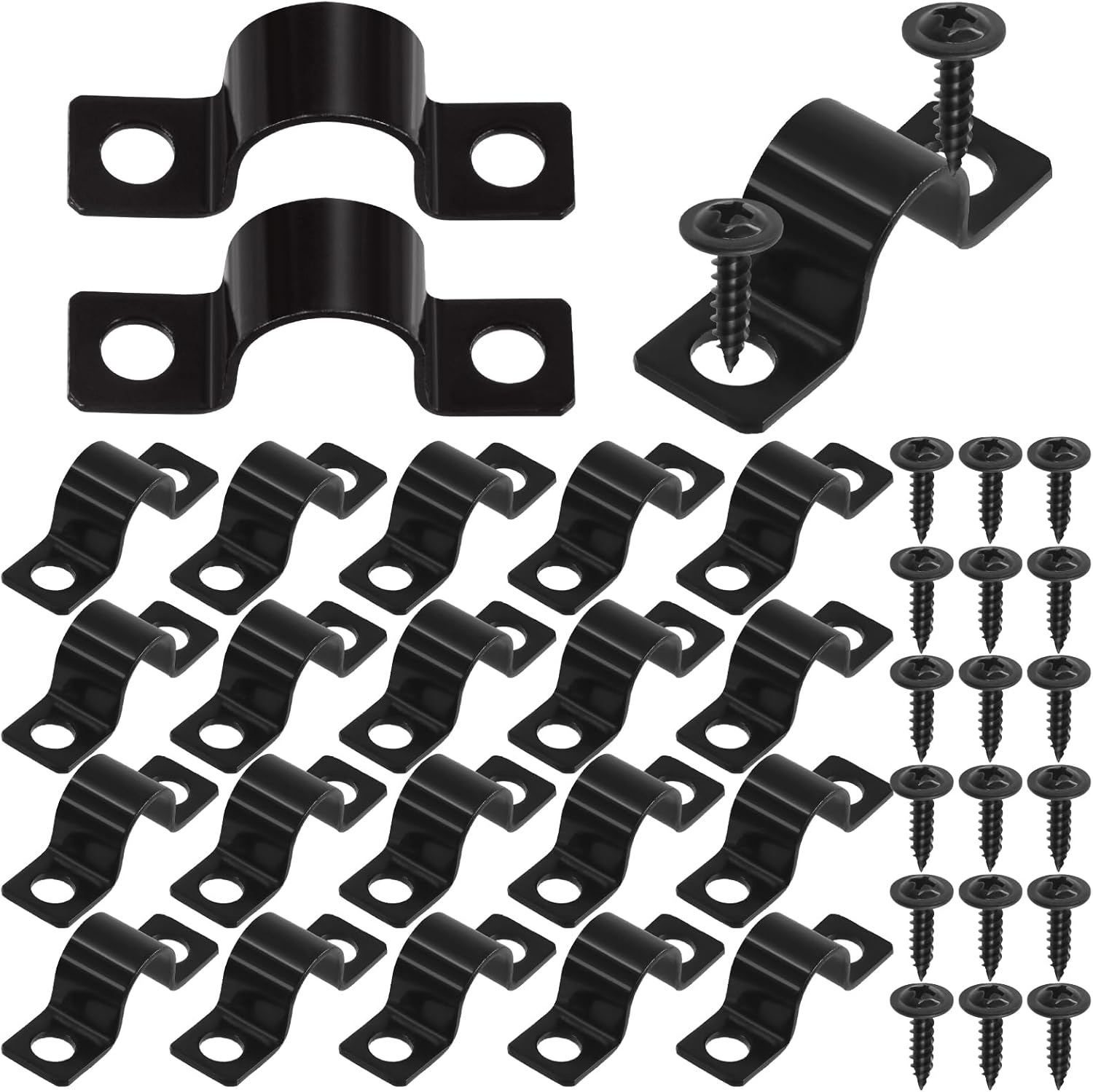 Swpeet 25Pcs 10Mm Two Hole U Bracket Clamp with 50Pcs Self-Tapping Screws Kit, U-Clamps, Metal Pipe Clamps, Pipe Strap Clamps, Conduit Tension Clips for Fixing Pipe or Cable image number 2