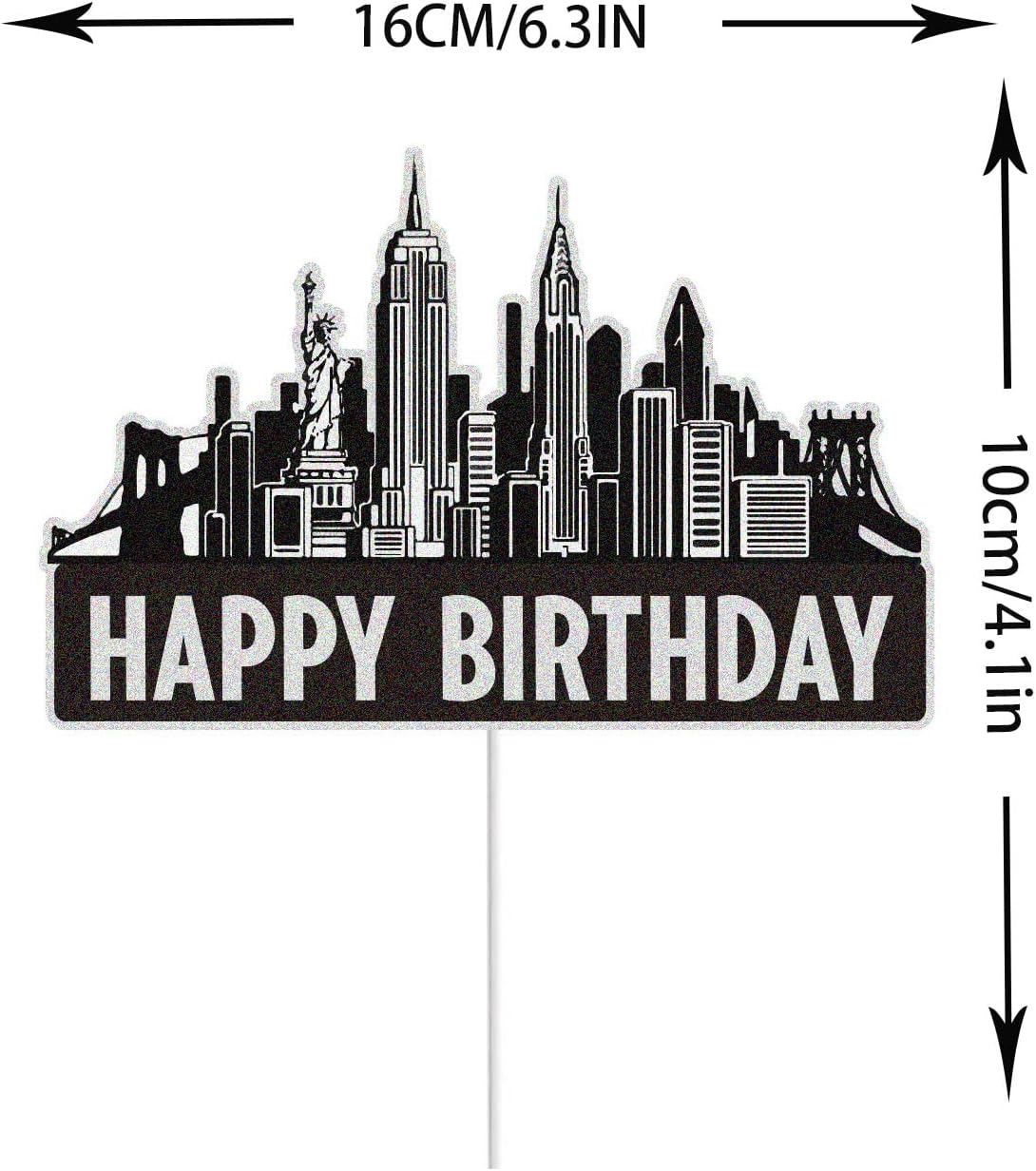 New York City Cake Toppers Black Glitter NYC Cityscape Bday Party Cake Decor Scenic Building Images Lighted City Backdrop Party Decoration Supplies image number 2