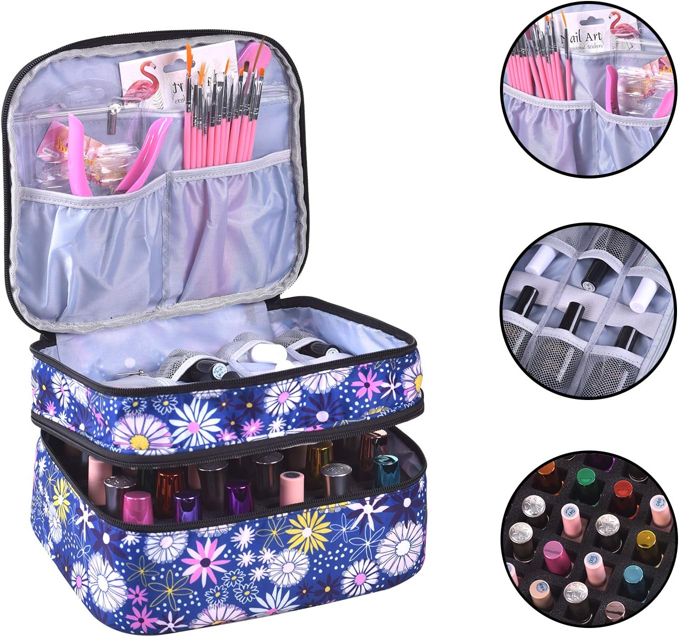 Double-Layer Nail Varnish Storage Case, Essential Oil Bag for for Nail Varnishes and Manicure, Nail Varnish Holder, Holds 30 Bottles (15Ml - 0.5 Fl.Oz) (Flower-2) image number 5