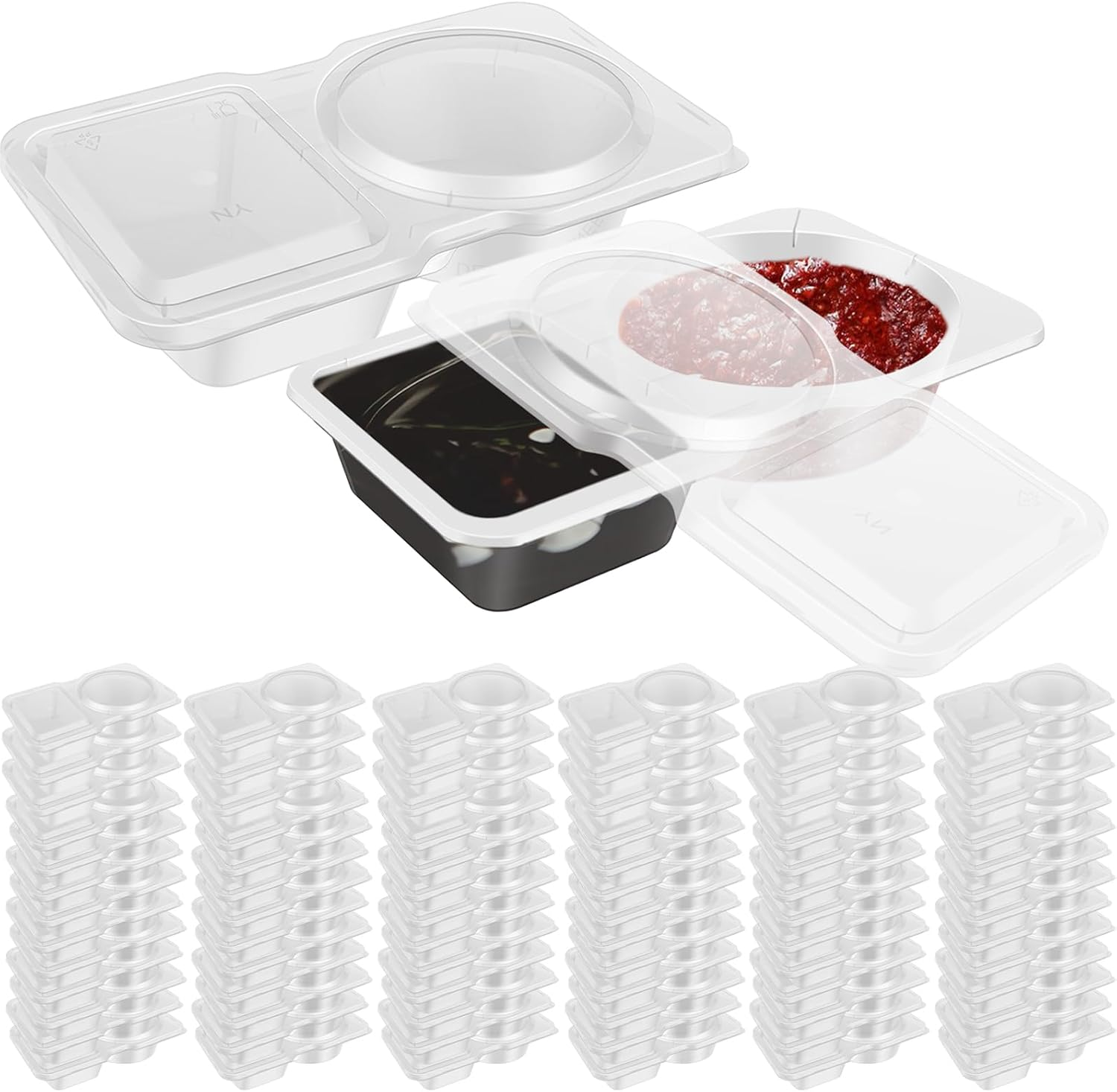 40Pcs Double Compartment Condiment Container Plastic Clear 2 Compartment Snack Containers with Lids Multipurpose Leak-Proof Snack Containers for Sauces Dips Snacks (Clear-40Pcs)