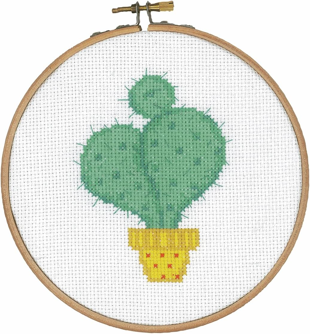 Vervaco Counted Cross Stitch Kit with Embroidery Ring: Cactus I, Cotton, NA, 14.5 X 14.5Cm / 5.8" X 5.8"