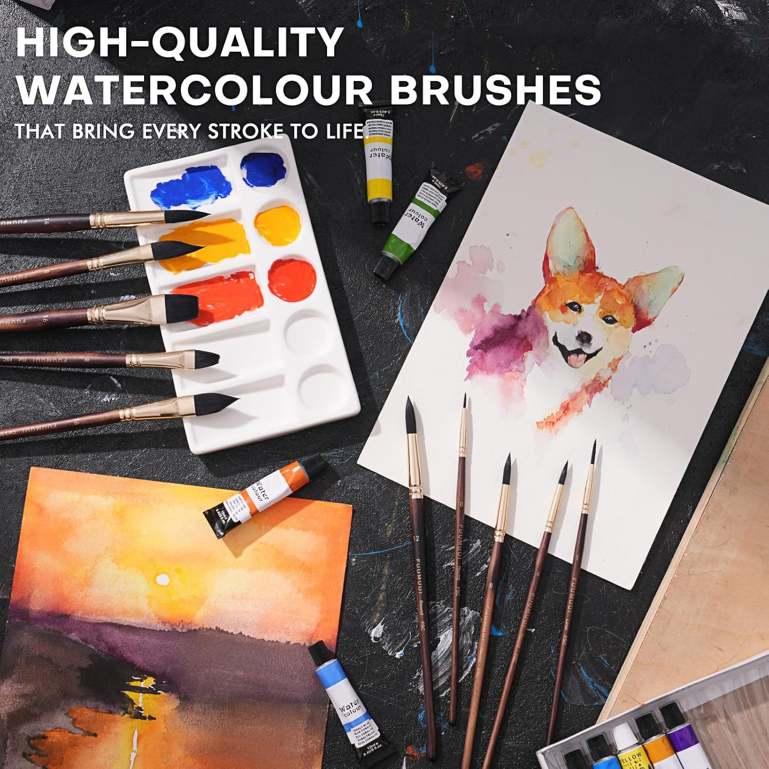 Watercolour Brushes Professional - 10Pcs Synthetic Squirrel Hair Watercolor Paint Brush Set for Artists - Flat, round Pointed, Dagger, Cat'S Tongue Oval Wash for Watercolour, Inks Painting image number 3