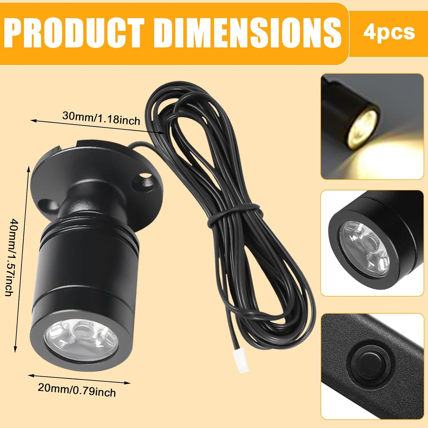 Aicharynic Pack of 4 Mini Spot Light, Mini Spotlight Dimmable Small Accent Light Set Warm White 3000 K, USB 5 V Spot Spotlight, 360&deg; Rotating Spot Spotlight for Showcases, Cabinets & Decoration image number 1