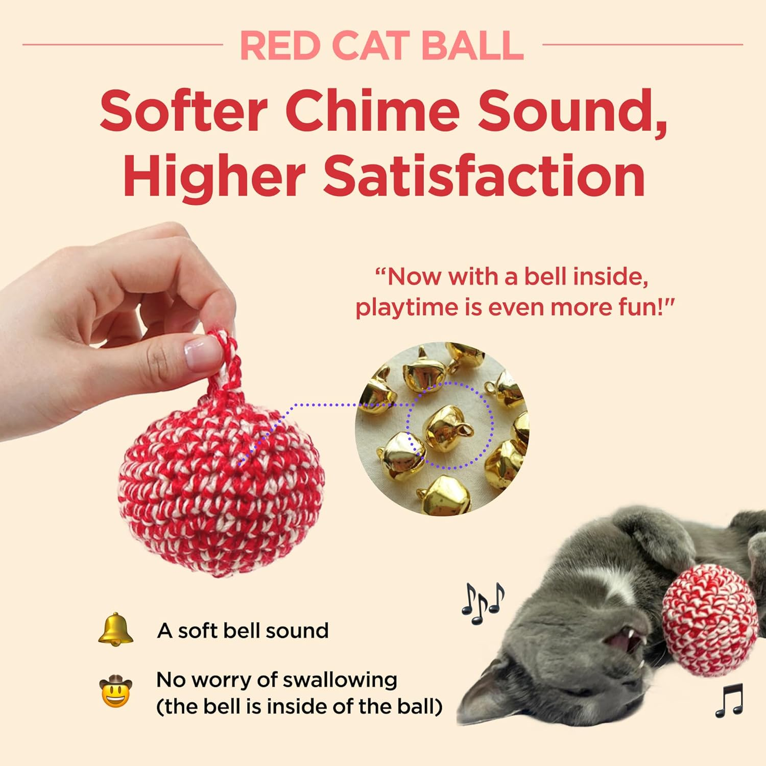 JAYU PET Red Cat Ball [W/Bell Version] - Handmade Silvervine Cat Toy with Catnip, Interactive Matatabi Ball for Indoor Cats & Kittens, Feline Play Toy & Gift (7Cm) image number 3