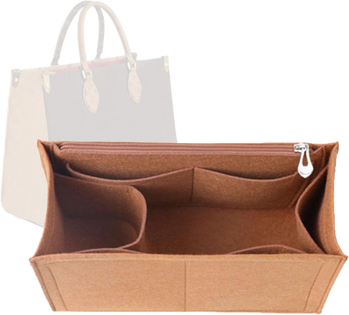 Lckaey Purse Insert for ONTHEGO PM MM GM Wallet Tote - Felt Organizer - with Zipper Pocket 1081Camel-L