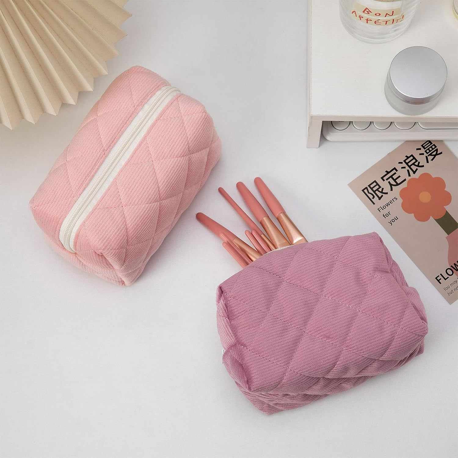 Small Makeup Bag for Purse Corduroy Makeup Bag Travel Makeup Pouch Mini Cosmetic Bag for Women Pink image number 6
