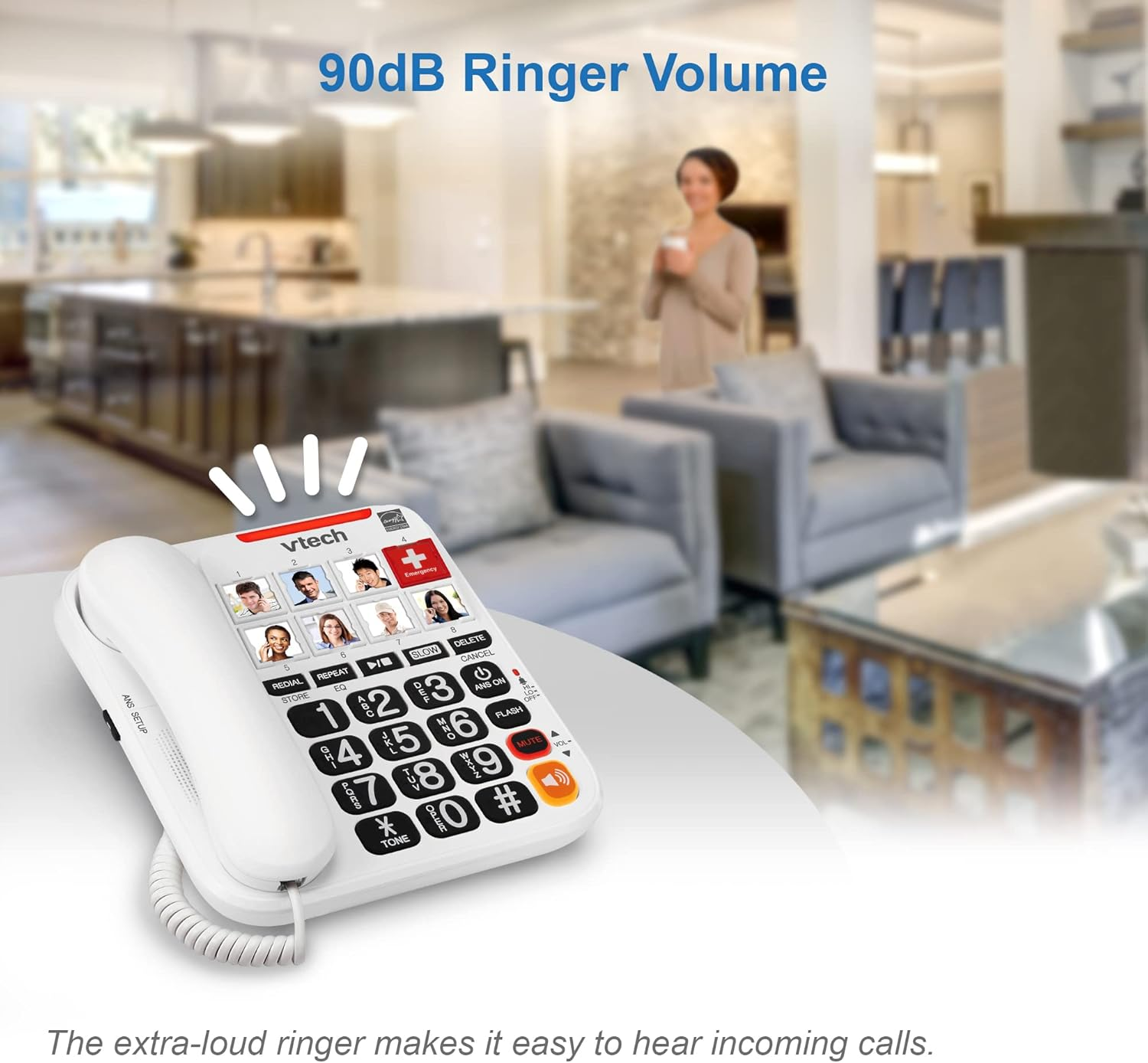 VTECH SN1127 Amplified Corded Answering System. 8 Photo Speed Dial, 90Db Ringer Volume, Big High-Contrast Buttons, Audio Booster(+40Db), Visual Ringer. Perfect for Seniors, Visually & Hearing Impaired image number 6