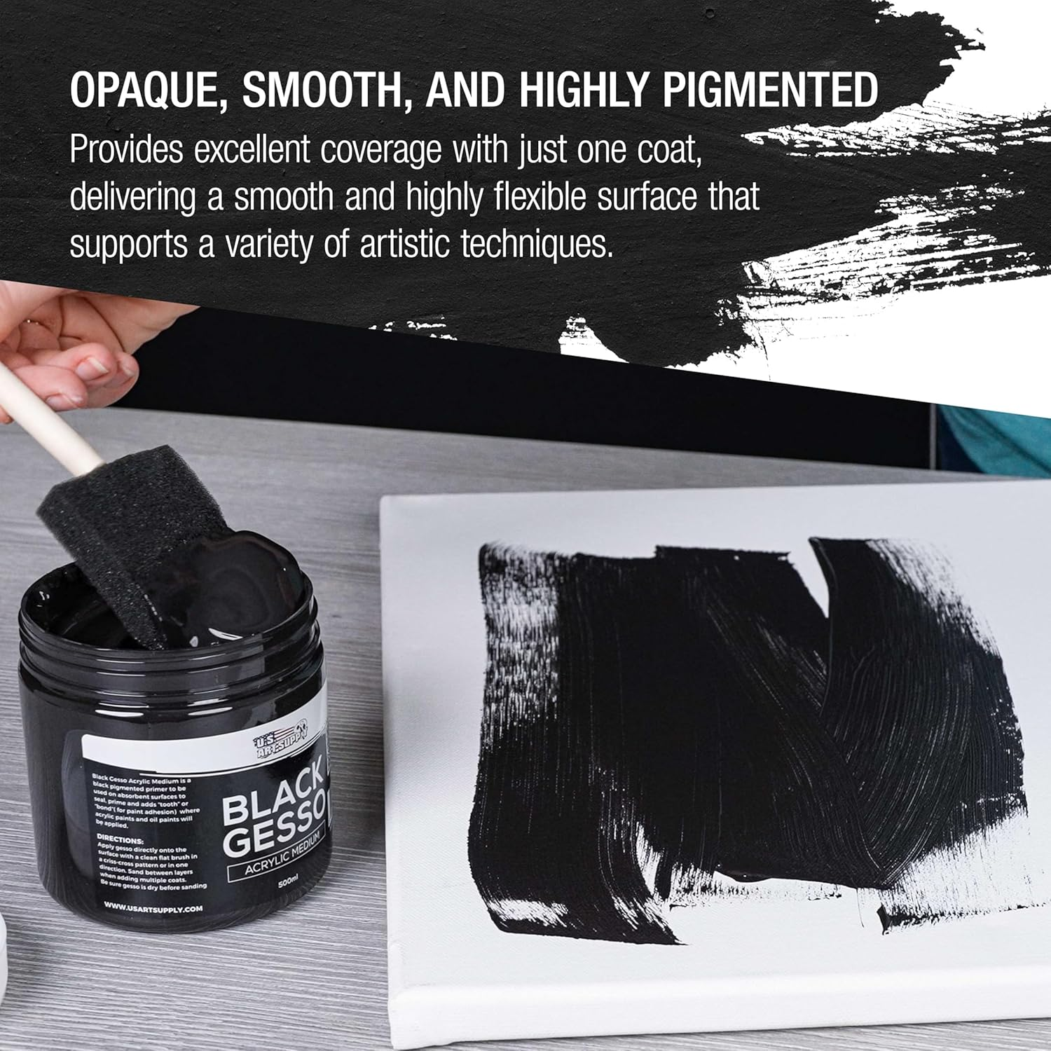 U.S. Art Supply Black Gesso Primer - 16.9Oz (500Ml) for Oil & Acrylic Paint - Superior Coverage, Canvas Prep, Mixable White Gesso Paint Artists - Black image number 2