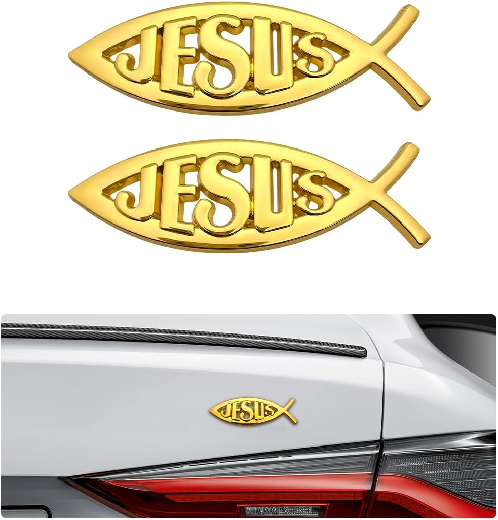 DXNQ 2PCS Jesus Fish Decal Sticker, 3D Car Decal Jesus Christian Fish Symbol Chrome Emblem, Faith Fish Stickers Religious Metal Badge Auto Decor for Truck Motorcycle Fridge (Silver)