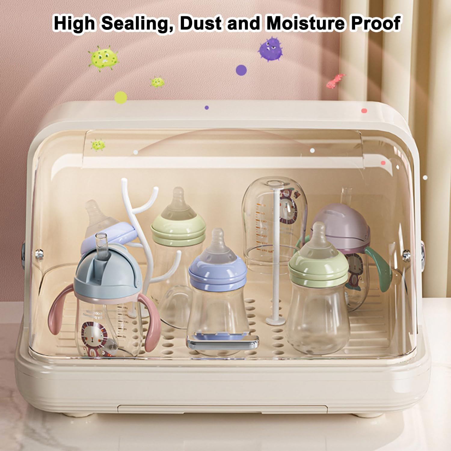 Baby Bottle Storage, Dustproof Baby Bottle Drying Rack, Bottle Dryer Holder with Cover Lid and Removable Drainboard, Bottle Rack Dryer for Kitchen Cabinet image number 3