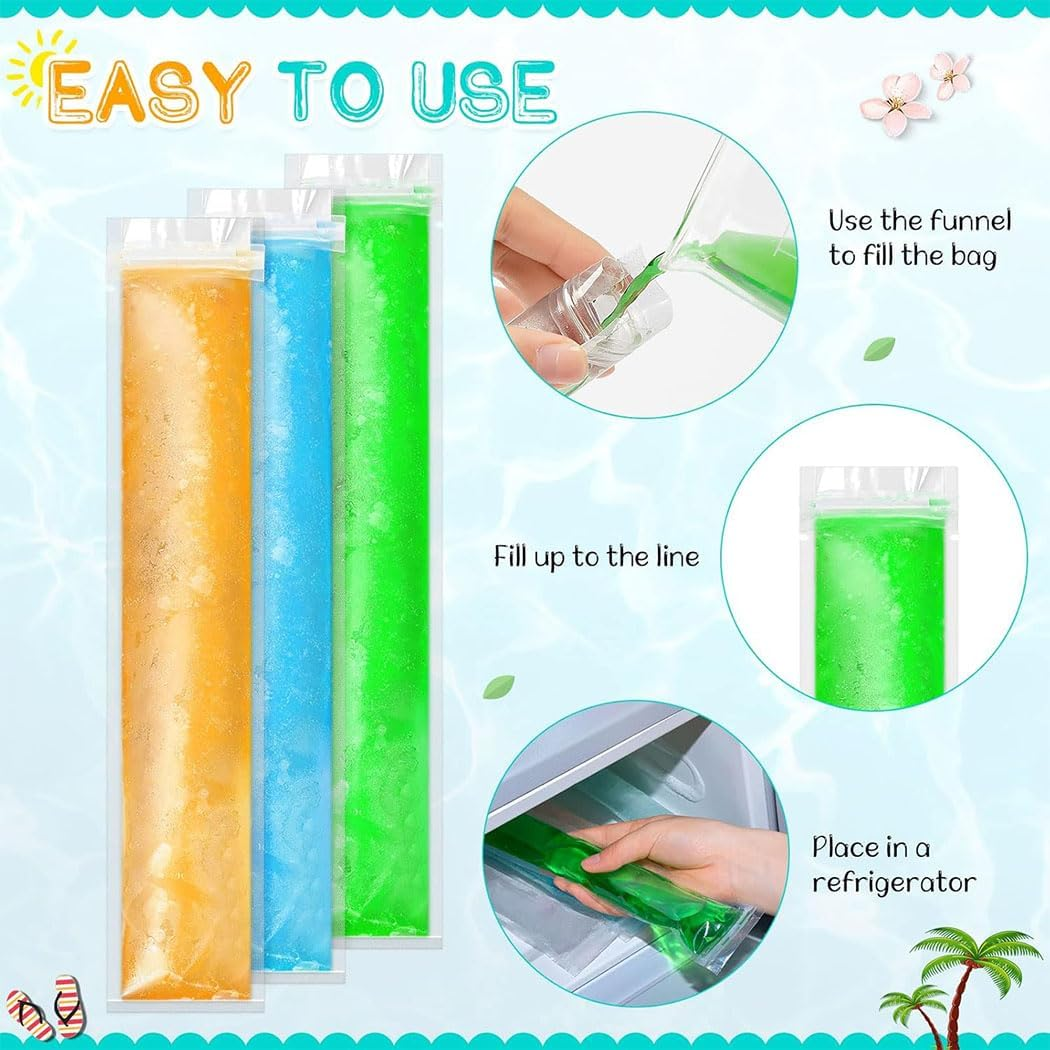 Aufondof 100Pcs Popsicle Bags, 11X2 Disposable Ice Popsicle Mold Bags for DIY Ice Pops, Yogurt, Juice & Fruit Smoothies Ice Pop Pouch with Silicone Funnel image number 1