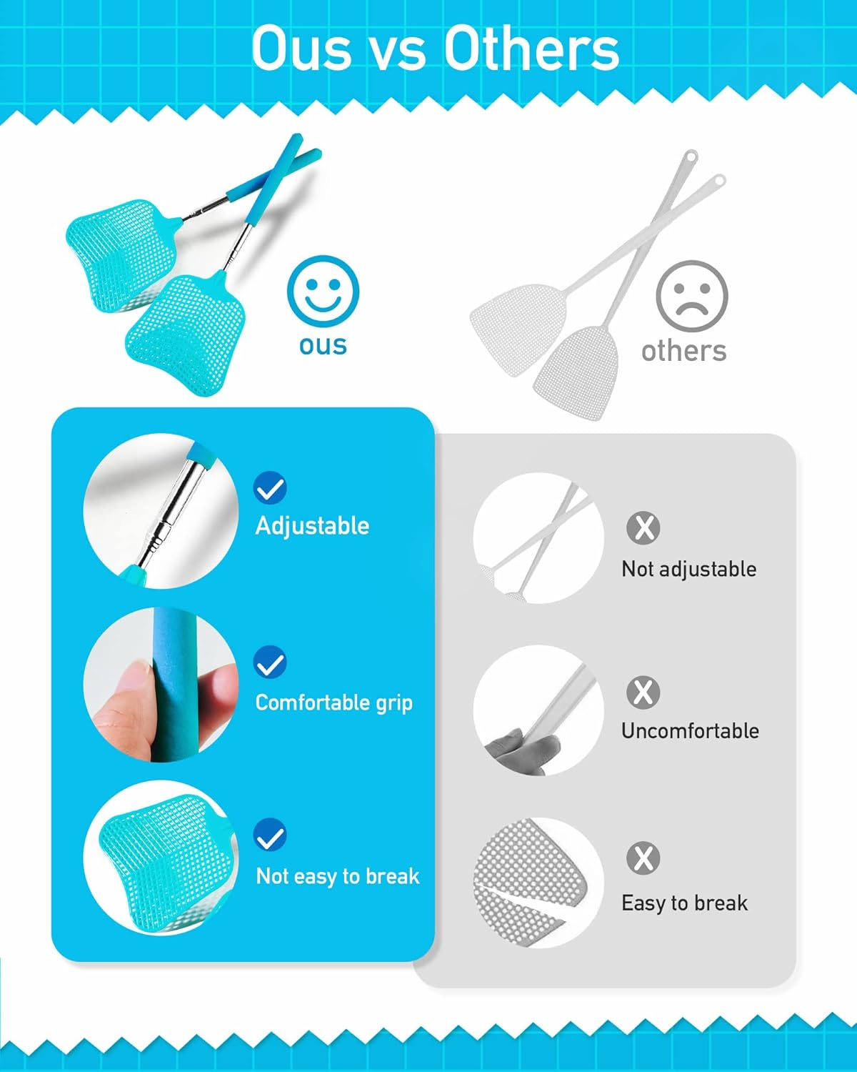 Wapodeai 2 Pack Fly Swatters Heavy Duty Set, Telescopic Fly Swatter, Stainless Steel Handle for Flyswatter (Blue) image number 1