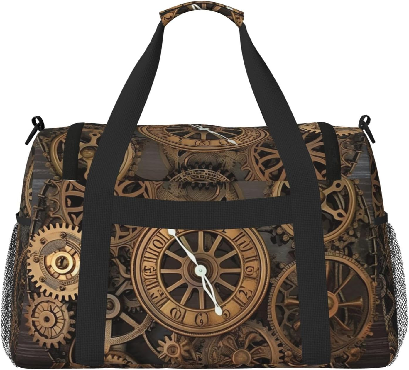 Steampunk Gears Clock Travel Duffel Bag Lightweight Waterproof Carry on Tote Bag Foldable Weekender Overnight Bags Sport Gym Bag for Women Men, Black, One Size image number 1