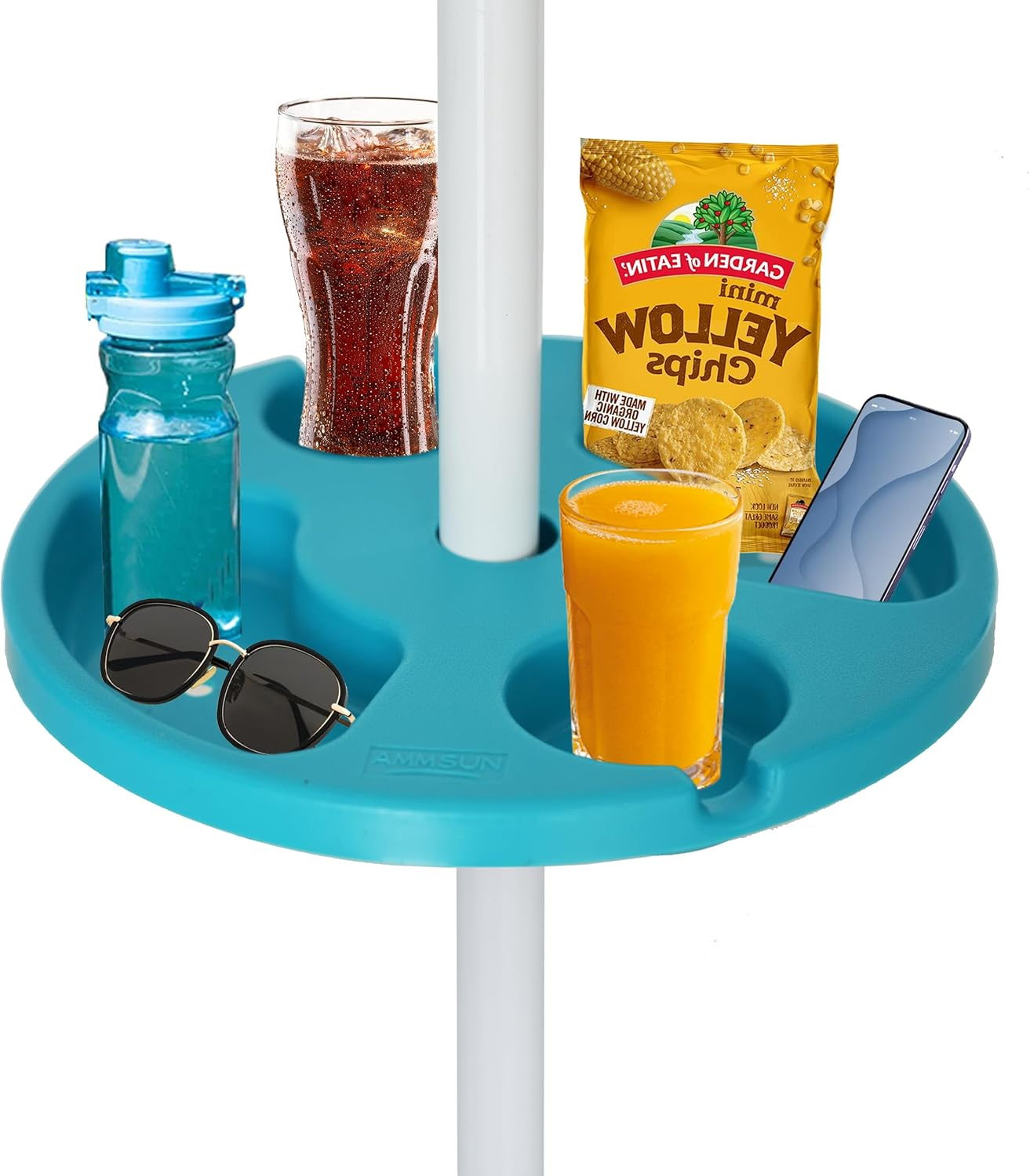 AMMSUN 33Cm round Plastic Beach Umbrella Table Tray for Beach, Patio, Garden, Swimming Pool with Cup Holders,Snack Compartments, White