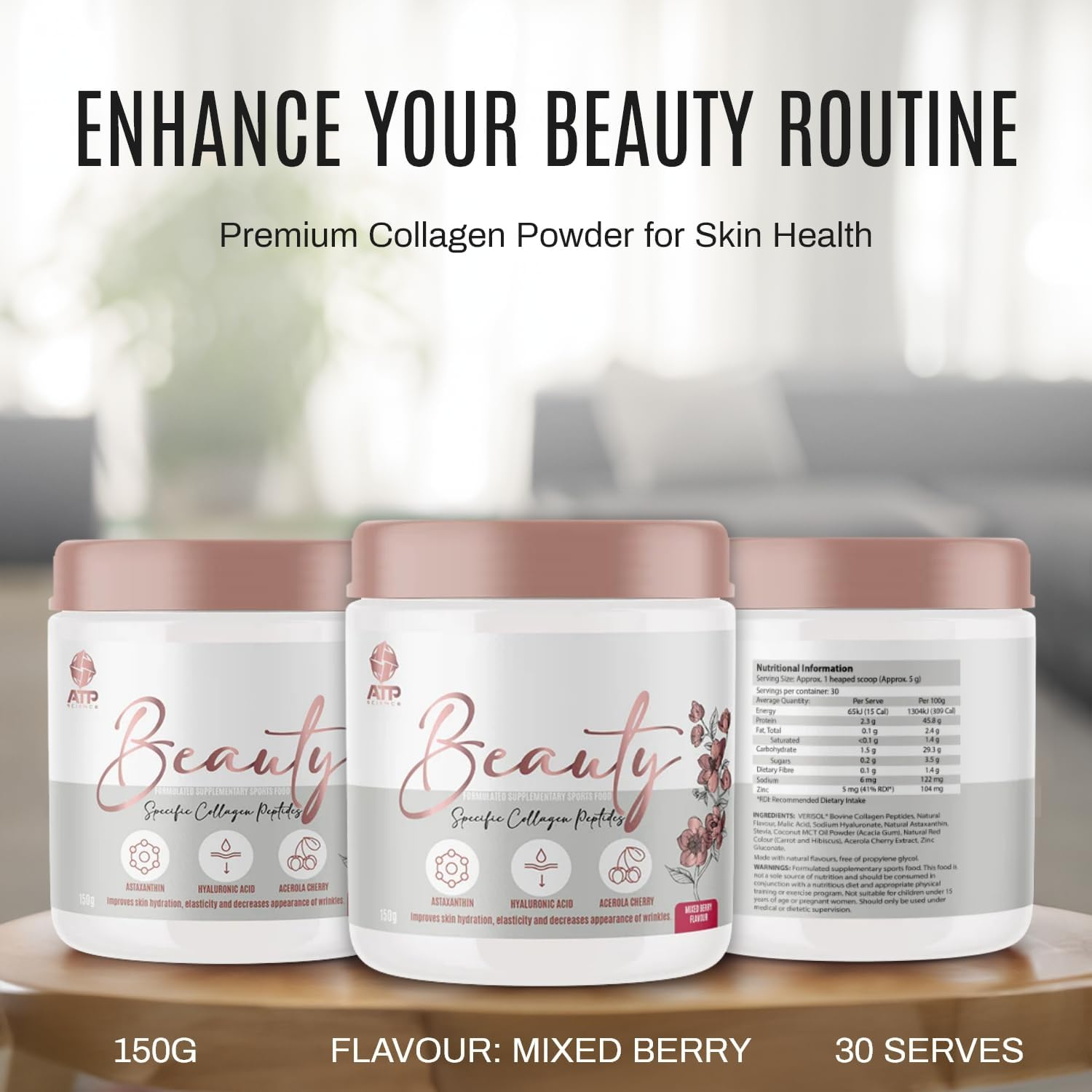ATP Science Beauty Collagen Powder, with Trademarked Collagen Peptide Verisol&reg;, Protein Powder Enriched with Astaxanthin, Hyaluronic Acid, and Acerola Cherry, Improves Skin Hydration and Elasticity, Decreases Appearance of Wrinkles, Flavour: Mixed Berry image number 5