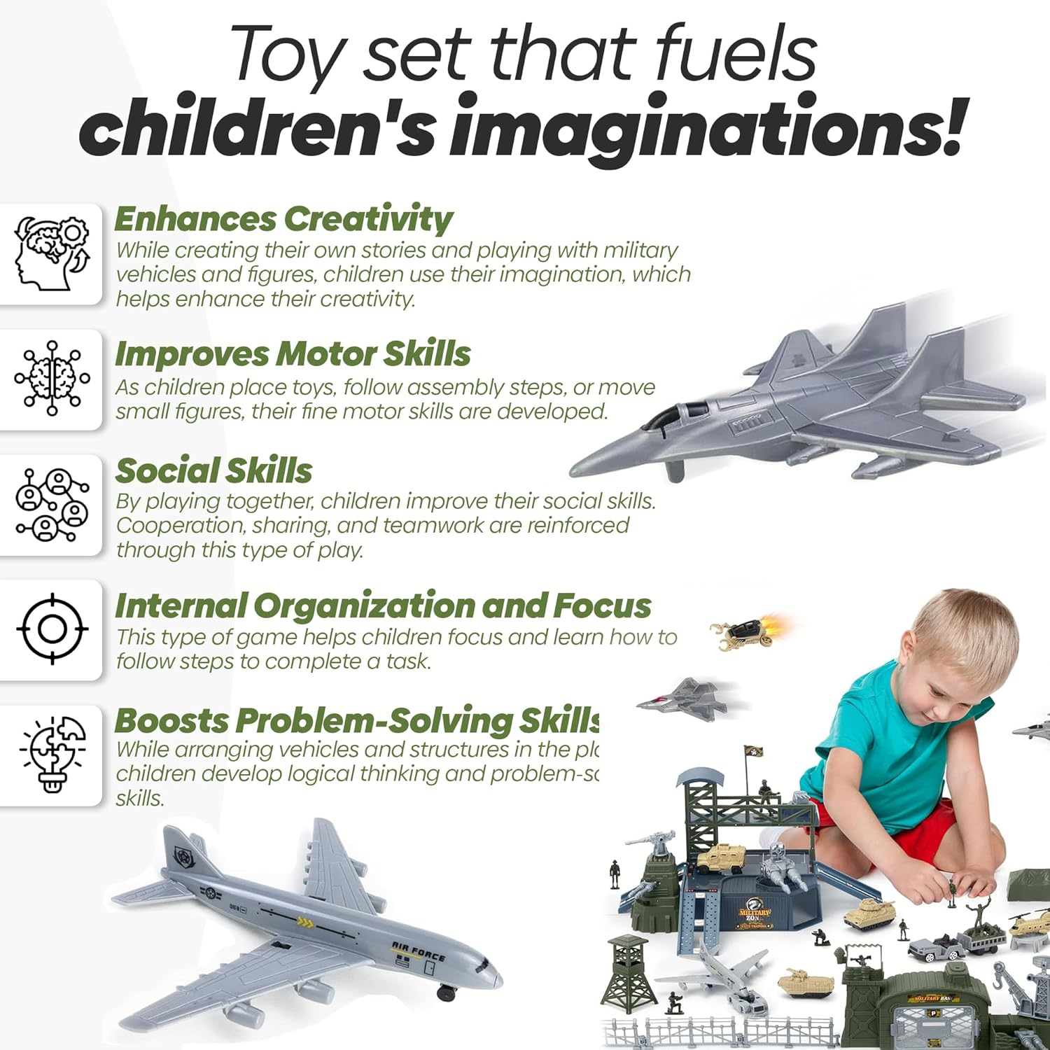 Military Base Toys Set with Army Vehicles, Action Figures & Playset, Airplane & Helicopter Toy, Perfect for Kids' Imaginative Role-Playing image number 6