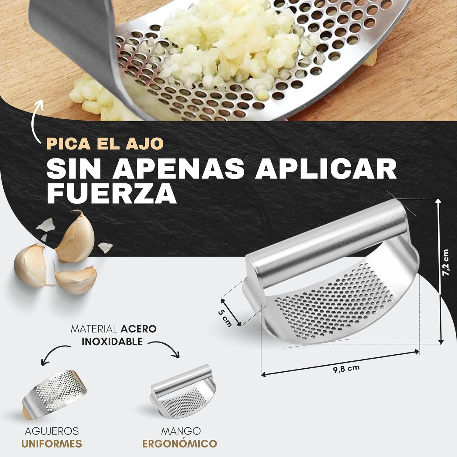 Garlic Press Stainless Steel Garlic Mincer Gifts: Silicone Garlic Peeler, Finger Cut Protector and Cleaning Brush image number 5