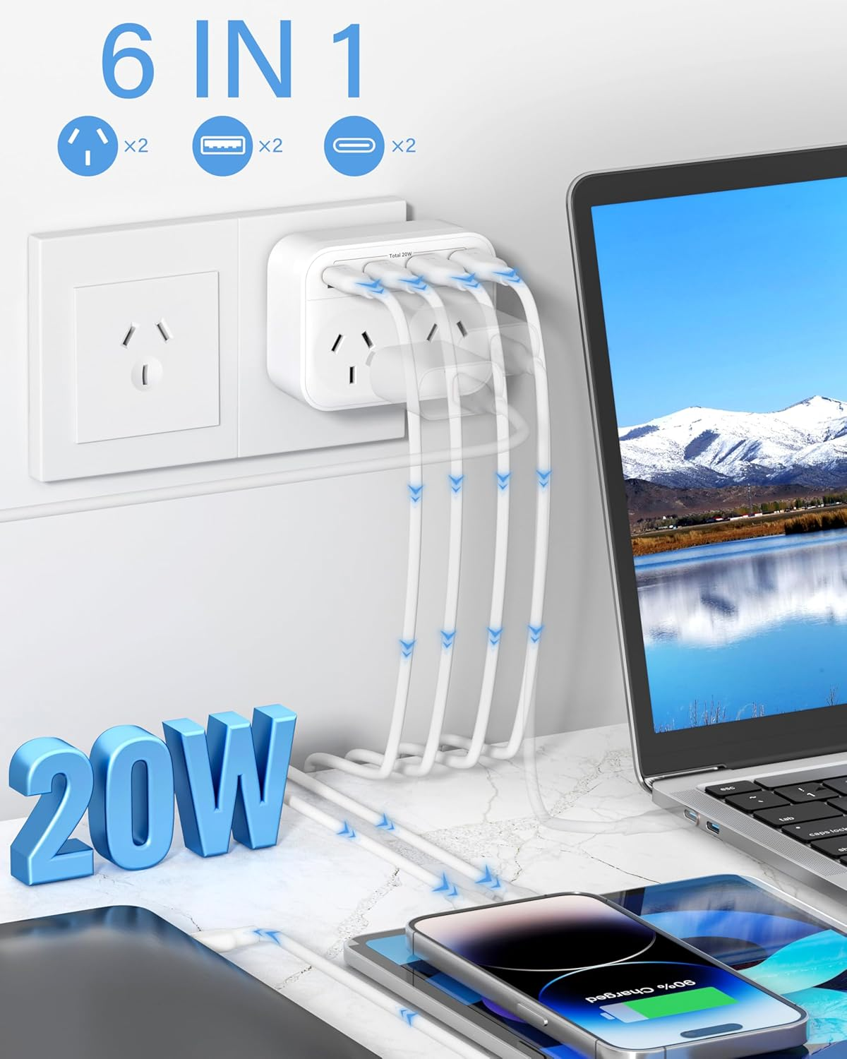 LOVELEDI USB Plug Extension - PD 20W USB C Powerpoint, 2 Way Socket Extender with 2 USB-C & 2 USB A, 6-In-1 Grounded Plug Power Outlet Double Adapter, Extension Board for Home, Office, Bedroom, Travel image number 6