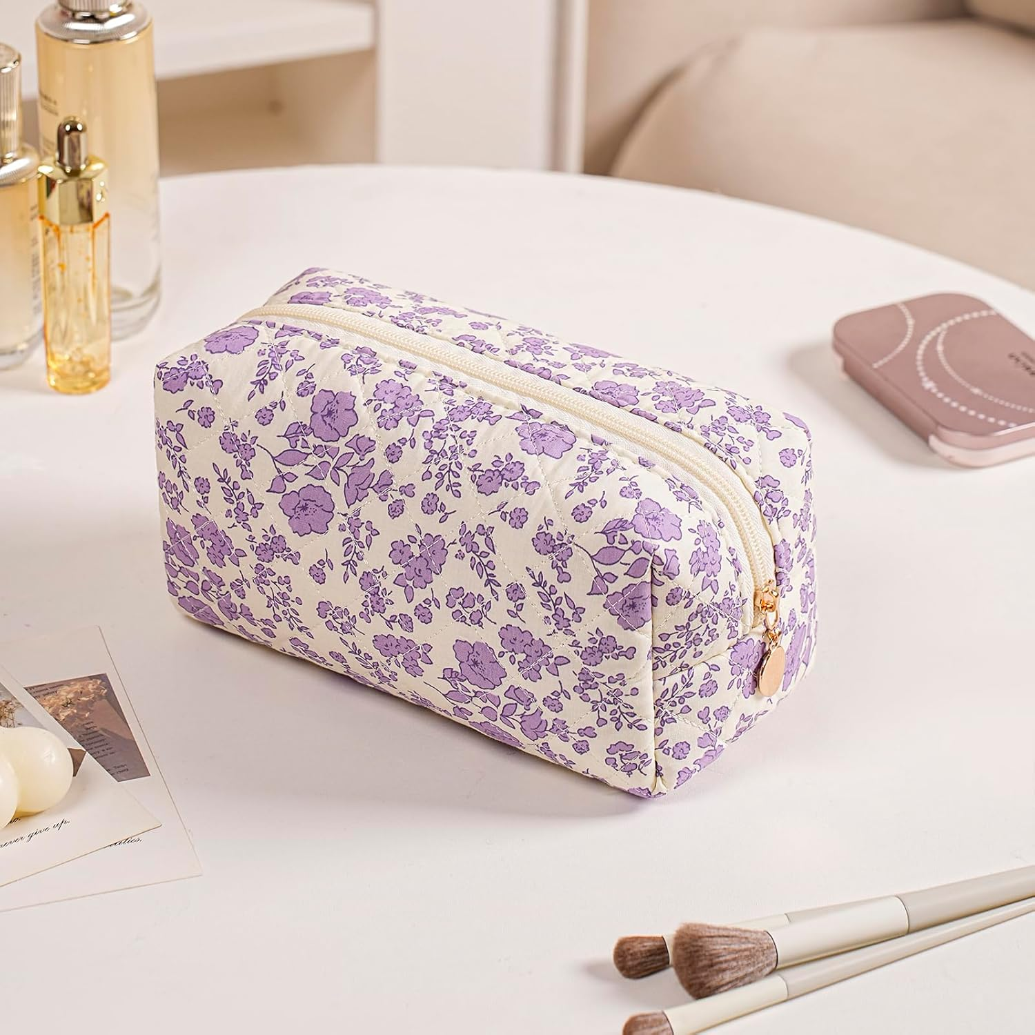 Gleyemor Small Quilted Makeup Bag for Women, Cute Floral Bow Cosmetic Bag, Emergency Bag Travel Toiletry Cotton Pouch Gifts for Girls Her Mom Friend Sister Bridesmaid, Purple Floral - 04 Small Blue Bowknot image number 7