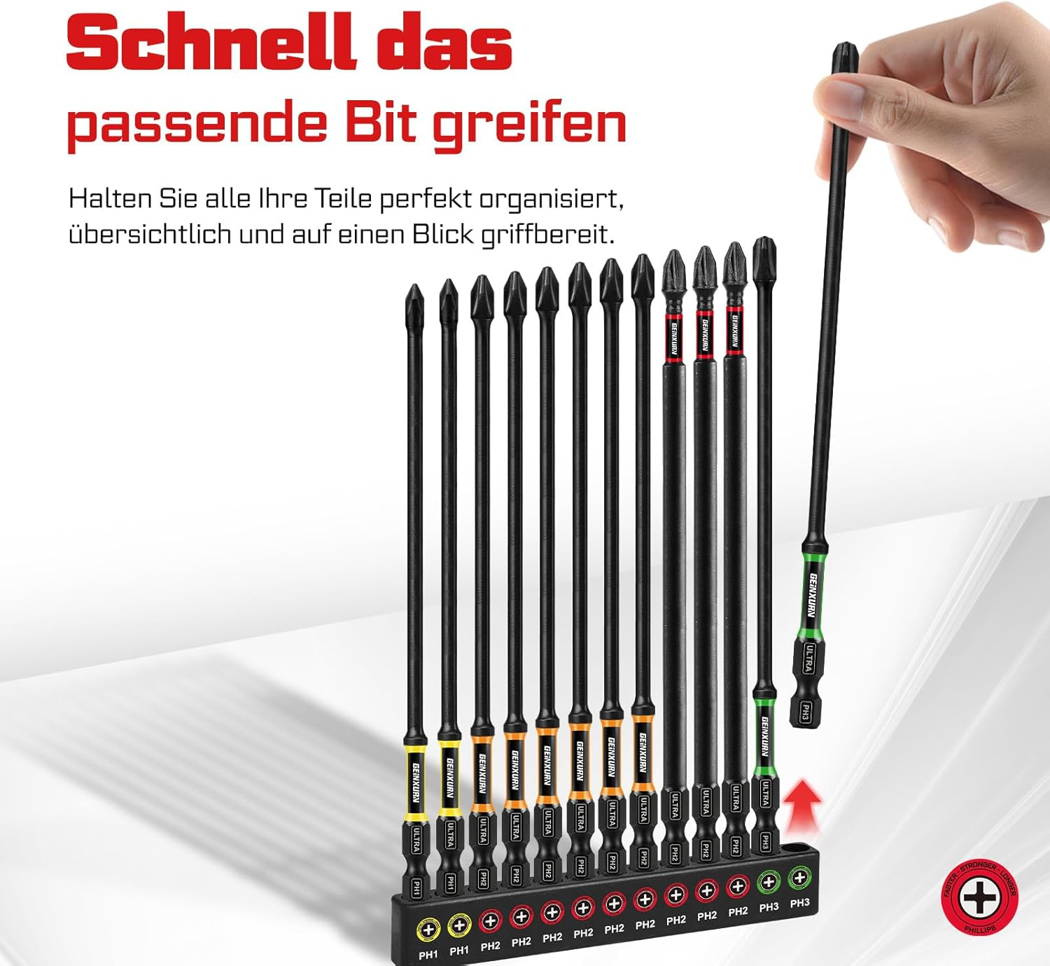 GEINXURN 13-Piece Phillips Screwdriver Bit Set, Impact-Resistant PH1, PH2, PH3, 150 Mm Length, 1/4 Inch Hex Shank, S2 Alloy Steel, Magnetic Screwdriver Bit Set, Ultra Colour Code image number 2