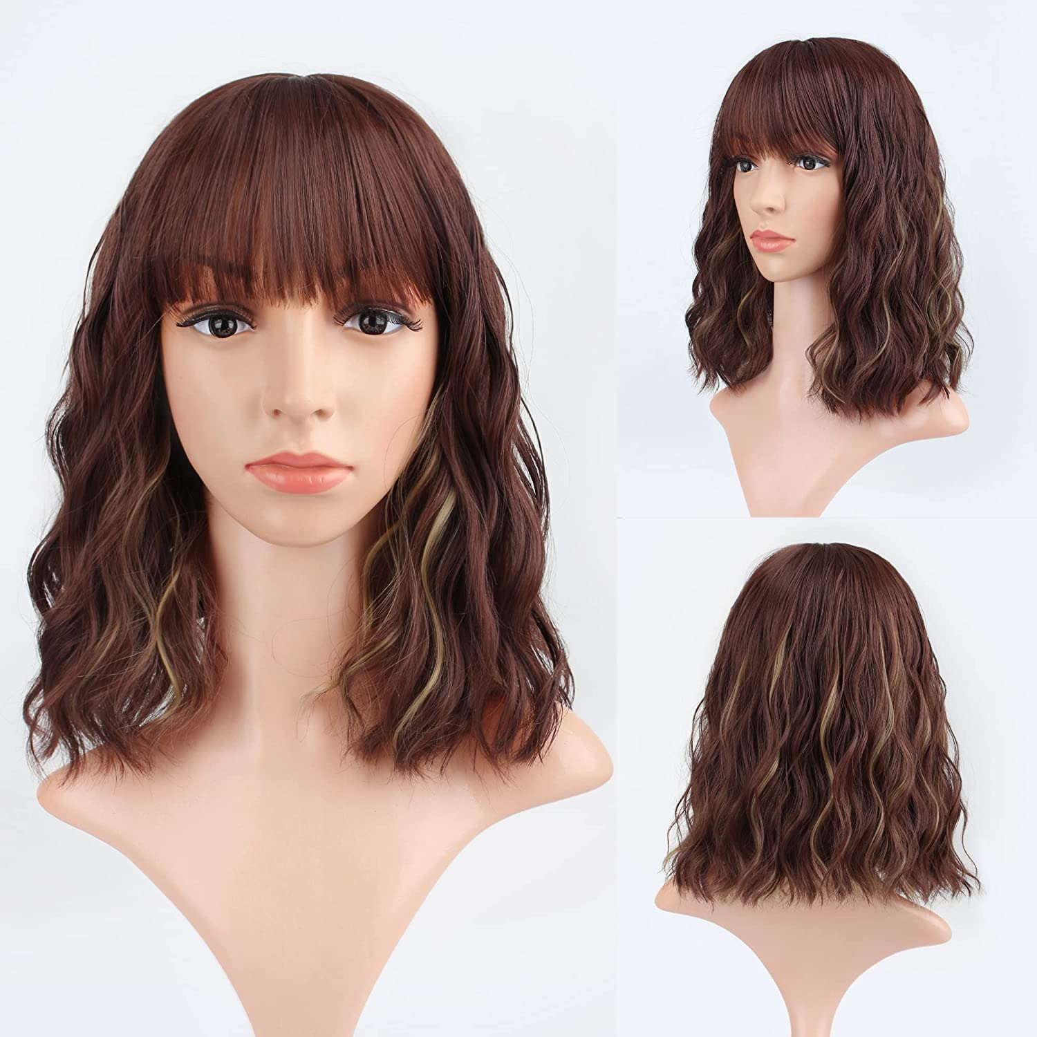 FAELBATY Light Blue Wave Bob Wigs with Bangs Synthetic Cosplay Wig for Girl Shoulder Length Wig for Women Costume Wigs Mixed Blue(12" Light Gray Blue)