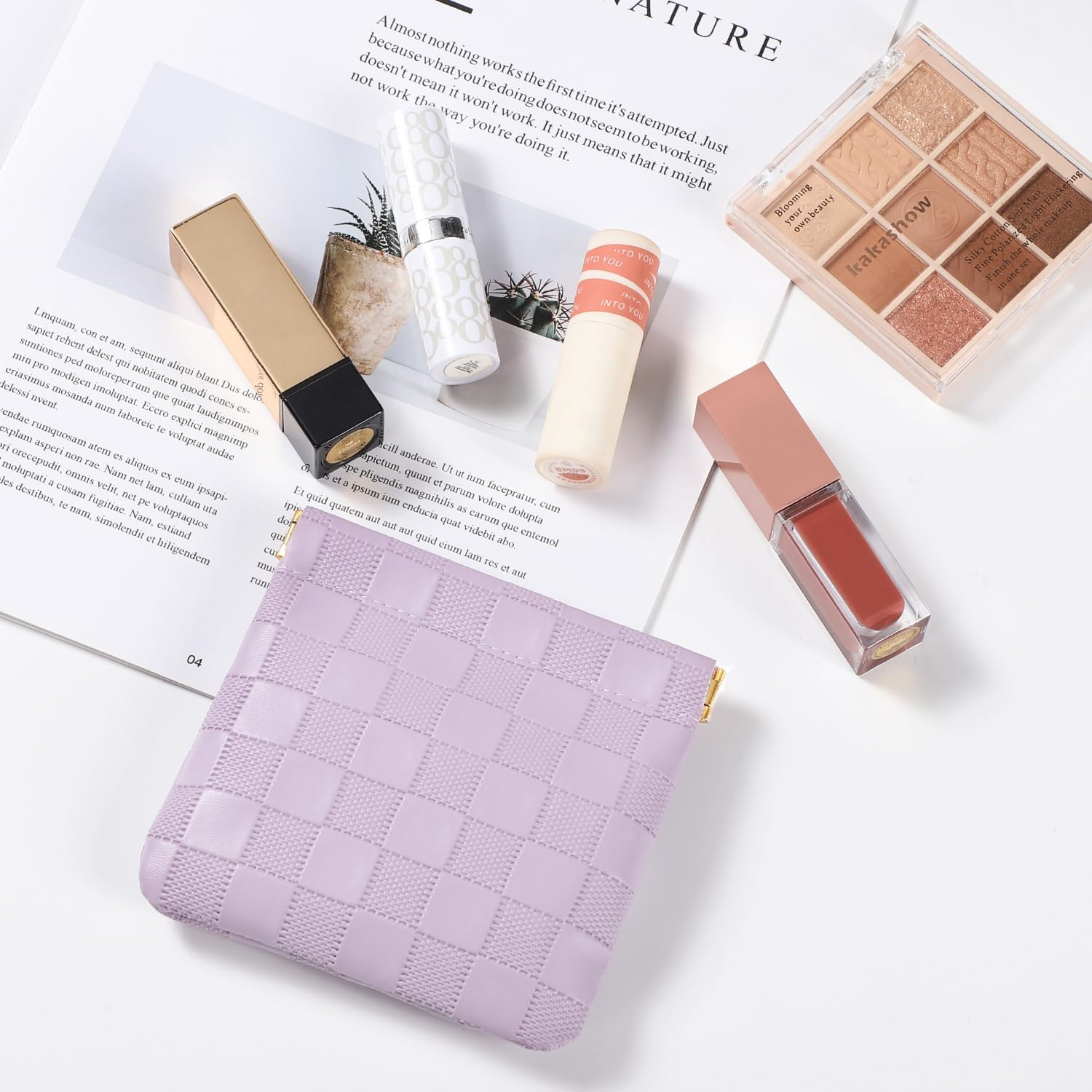 Sightor 2PCS Small Makeup Bag for Purse, Mini Cosmetic Bag Waterproof Pouch for Women, Checkered Purse Self-Closing Small Travel Kit Coin Lipstick Cosmetic Storage Bag, Pink, Purple, Checkered image number 3