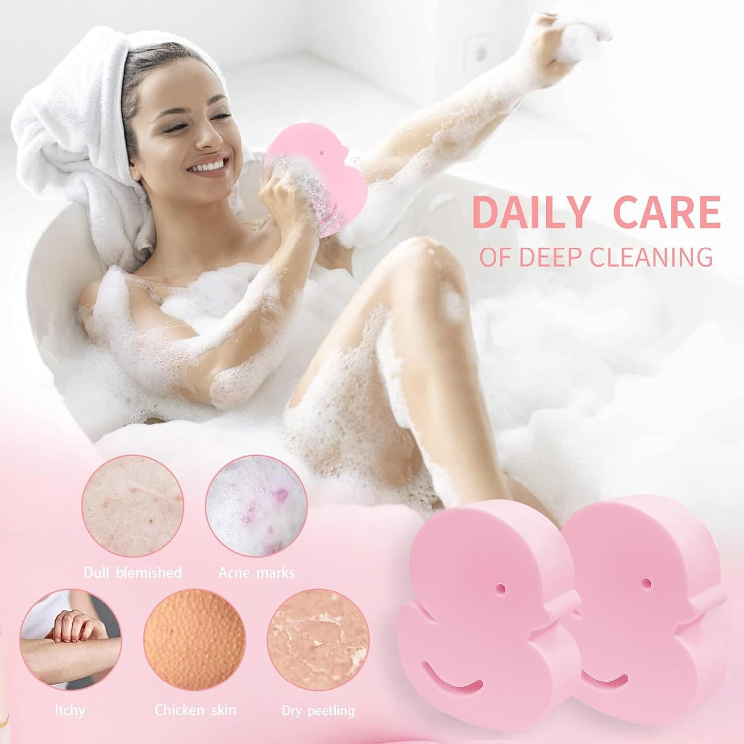Biiange Soft Duck Shaped Bath Sponges, Reusable Shower Brush and Body Scrubber, Sponge Shower Scrubber for Women Adults (2Pcs, Pink) image number 2