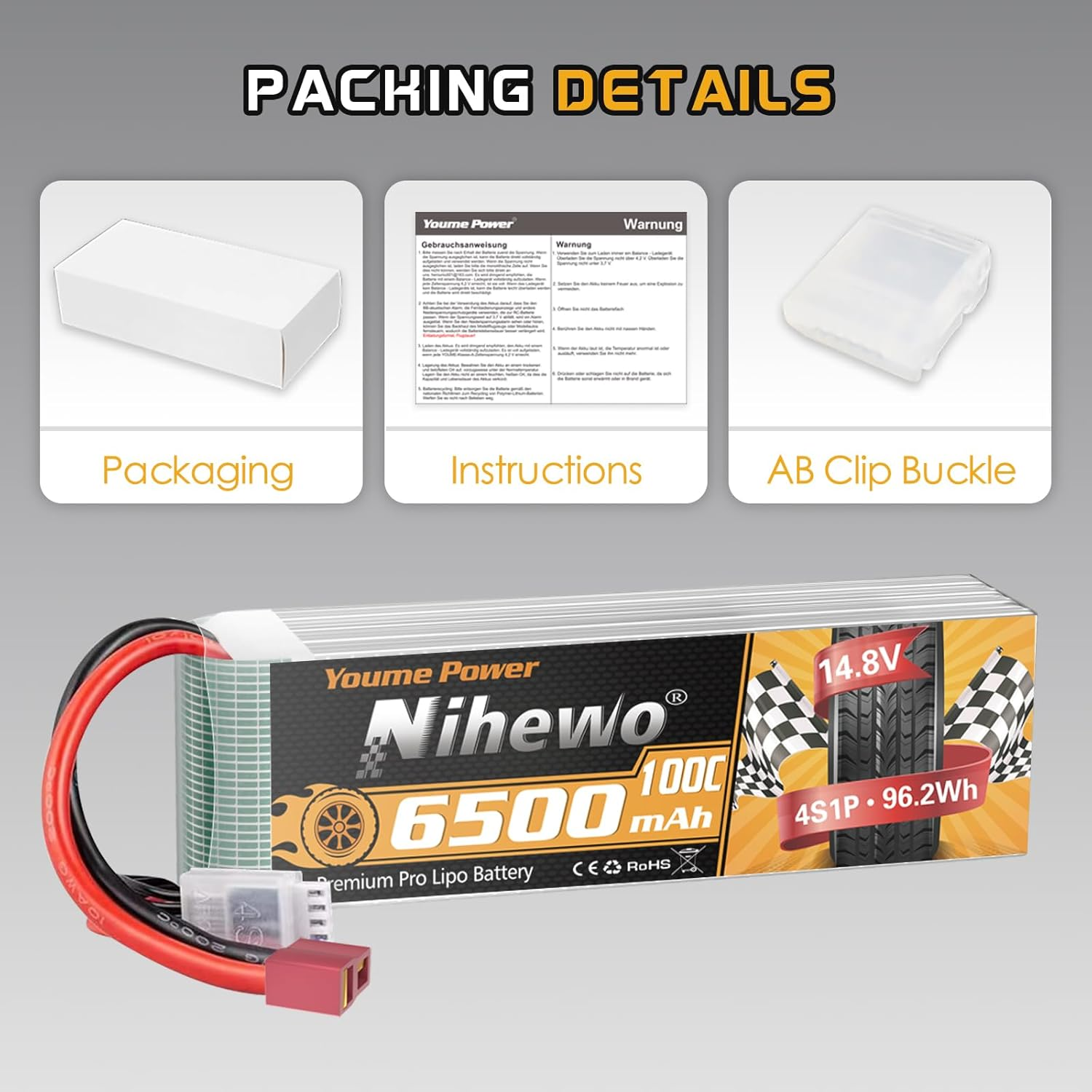 Nihewo 4S Lipo Battery, 14.8V 6500Mah RC Battery 100C Deans T Connector Compatible with 1/5 1/6 1/7 Scale RC Car Truck Boat Airplane Helicopter Quadcopter Models (2Packs) image number 4