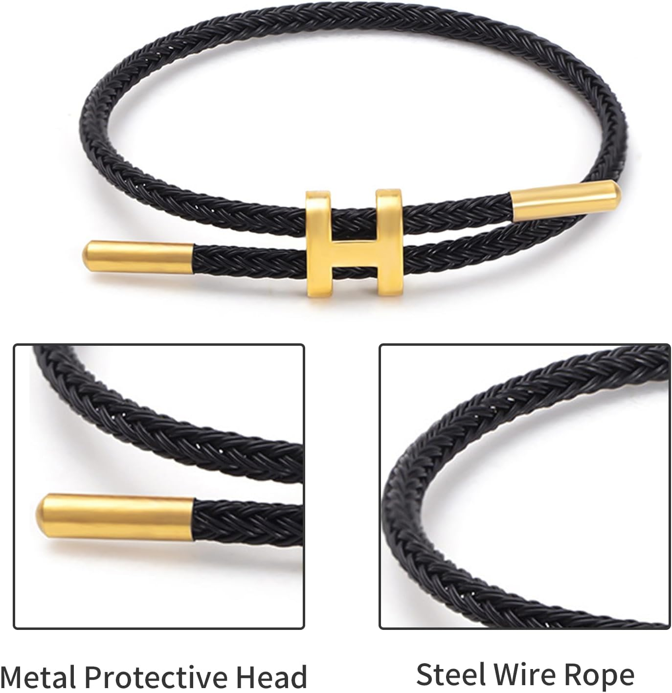 Simple Titanium Rope Steel Wire Bracelet with Adjustable Design Polished H Shape Clasp Bracelet Outdoor Casual Minimalist Fashion for Women Men (Black) image number 3